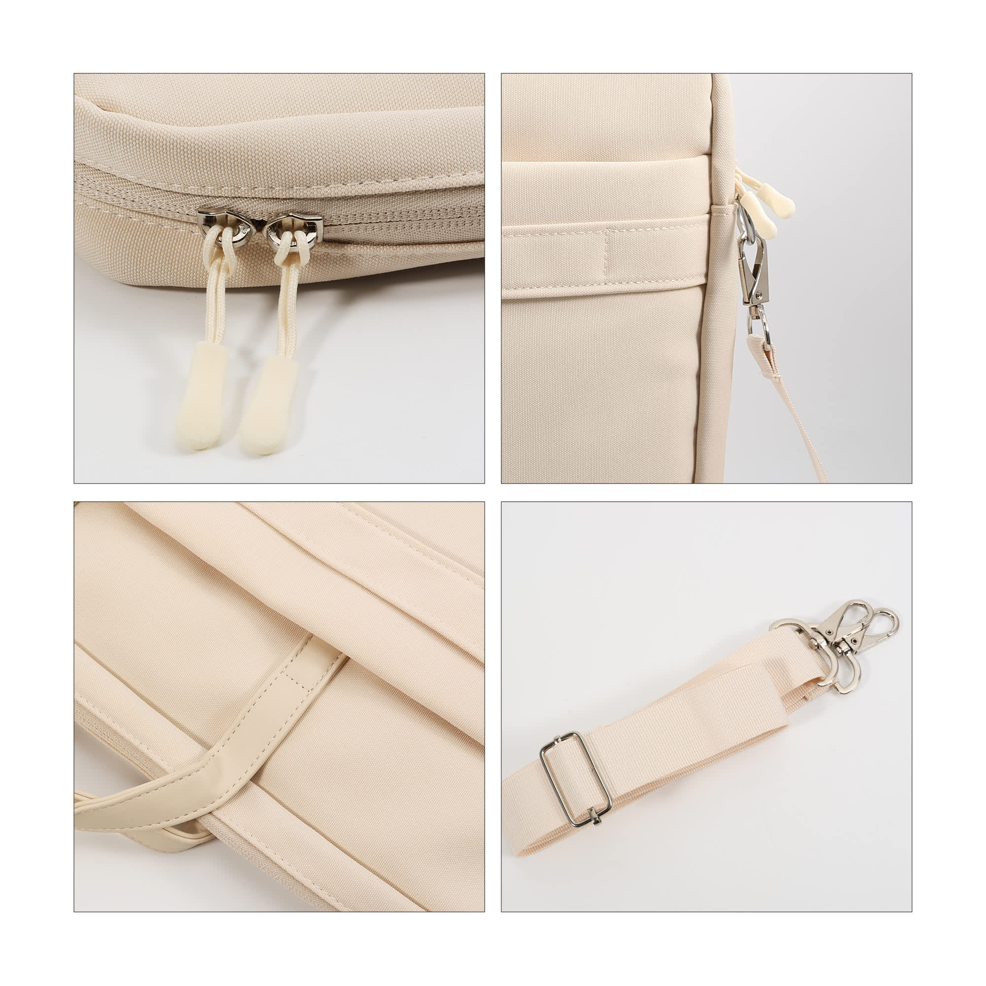 A beige laptop bag with a buffer pad, featuring zippers, a strap, and a branding logo.