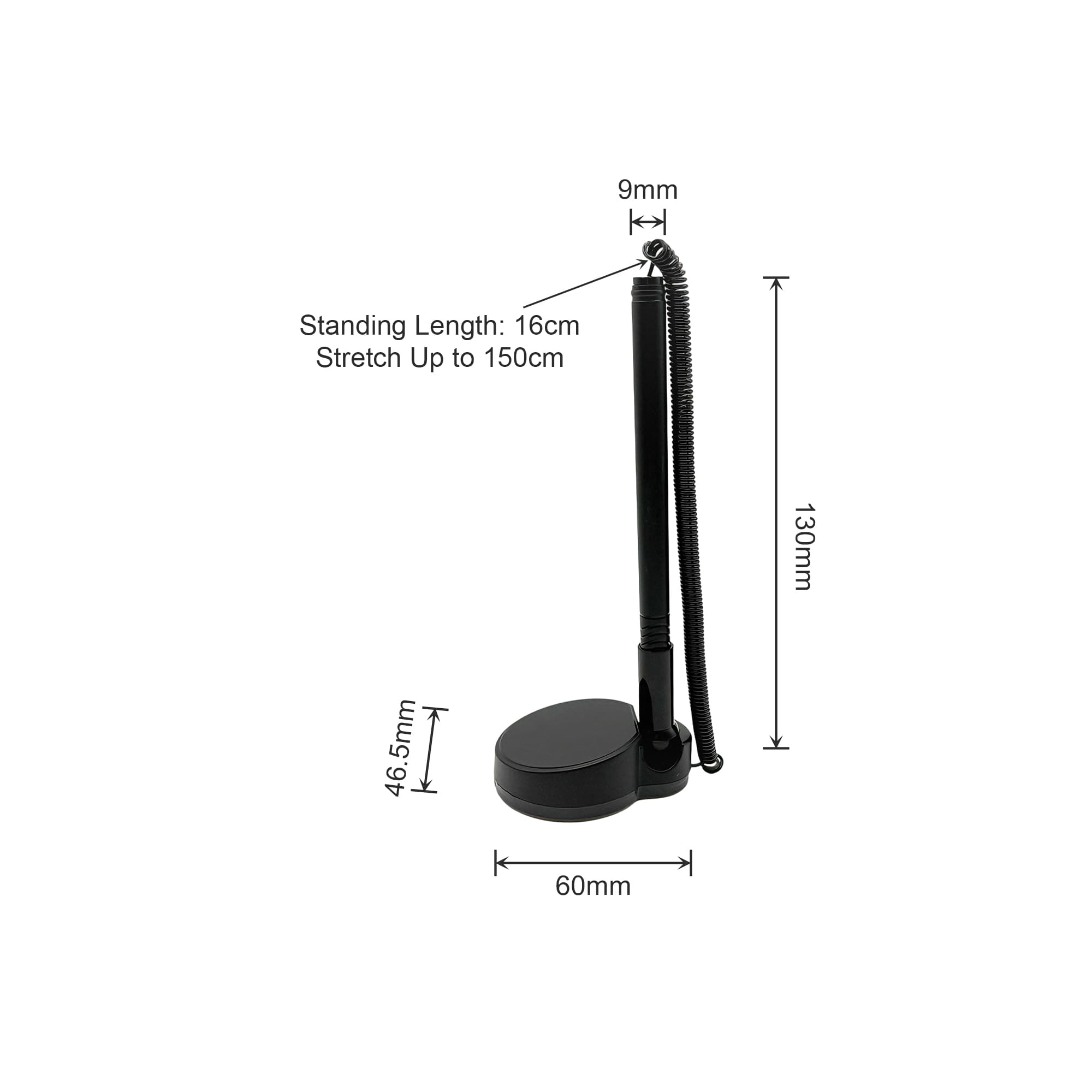 A black counter fixed signature pen with a coil cord, standing 16 cm tall, and adjustable up to 150 cm.