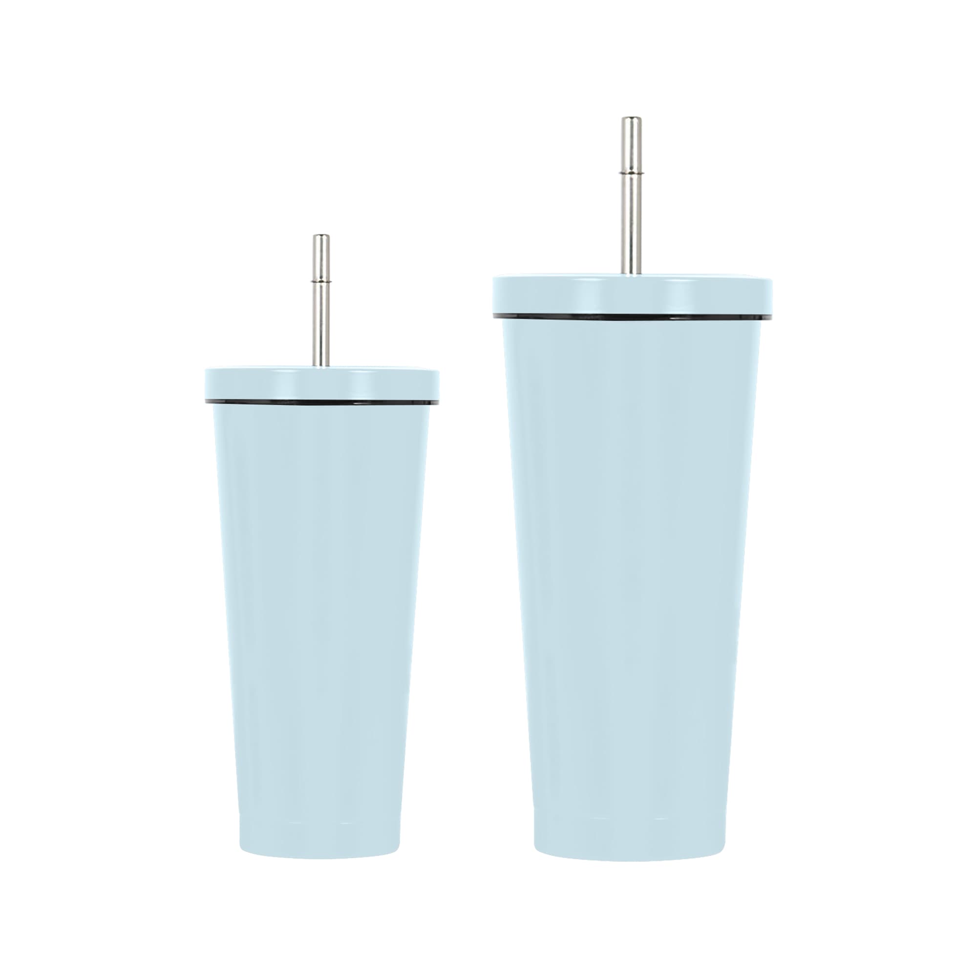 A drink bottle set featuring a light blue double wall stainless steel tumbler with a straw, including two sizes.