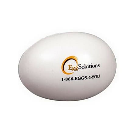 A white egg-shaped stress reliever with a logo printed on one side.