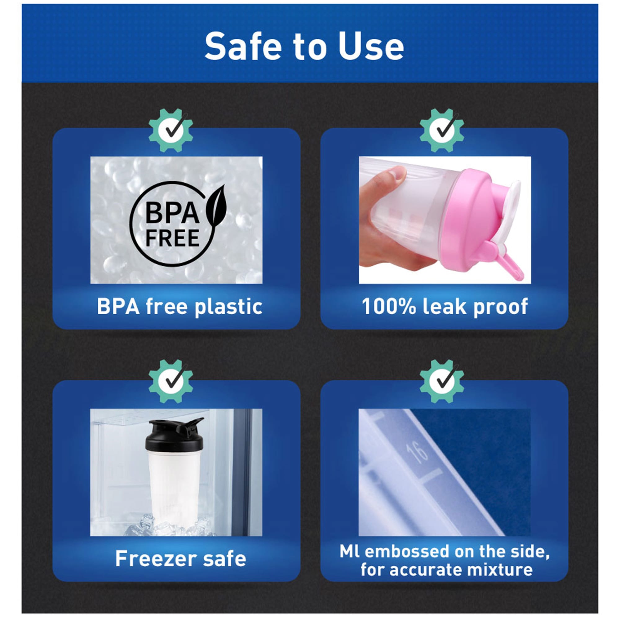 A drink bottle made of BPA-free plastic, featuring a pink lid and a logo, designed for protein shakes.