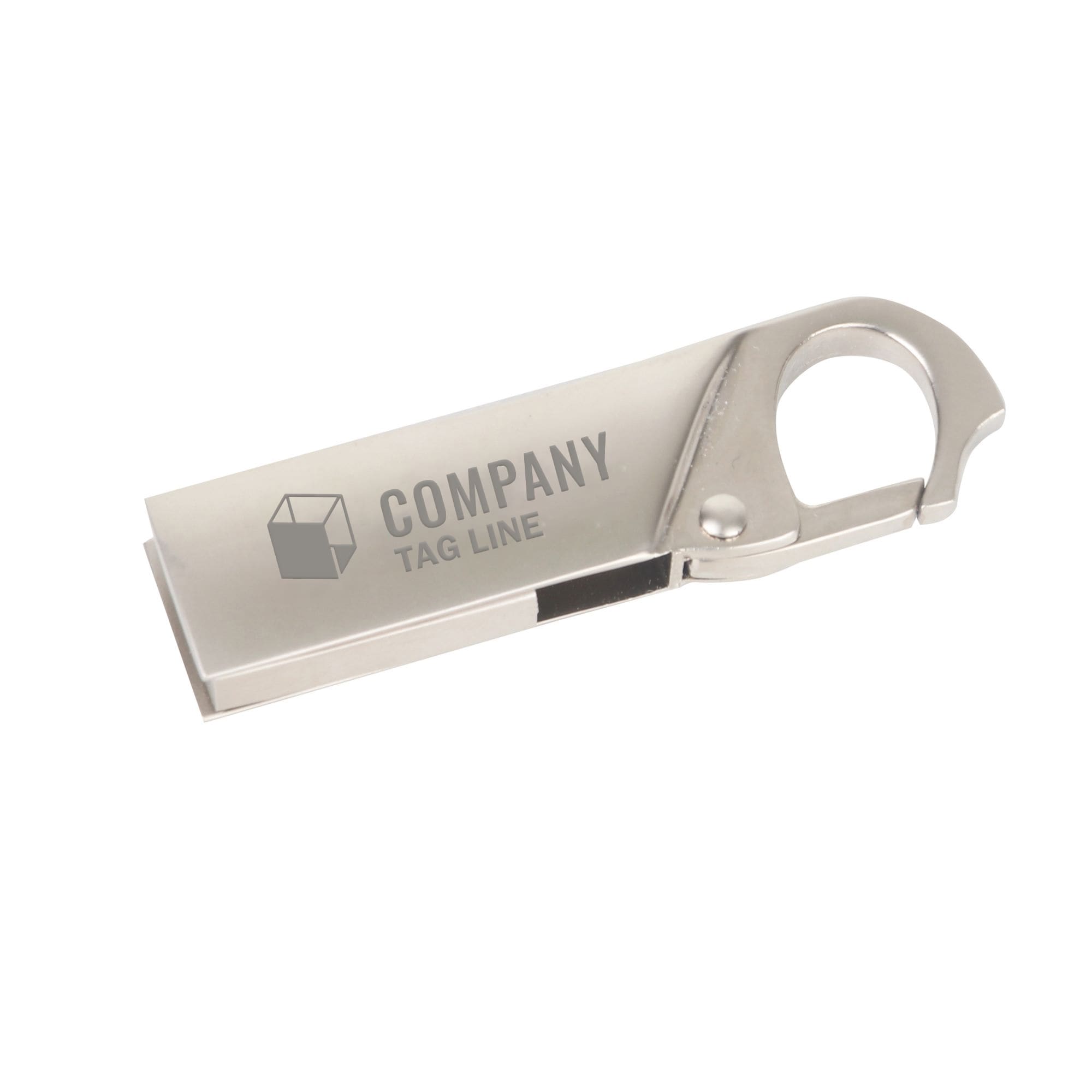 A silver clip lock flash drive with a sleek design and a round attachment loop. It features a logo on its surface.