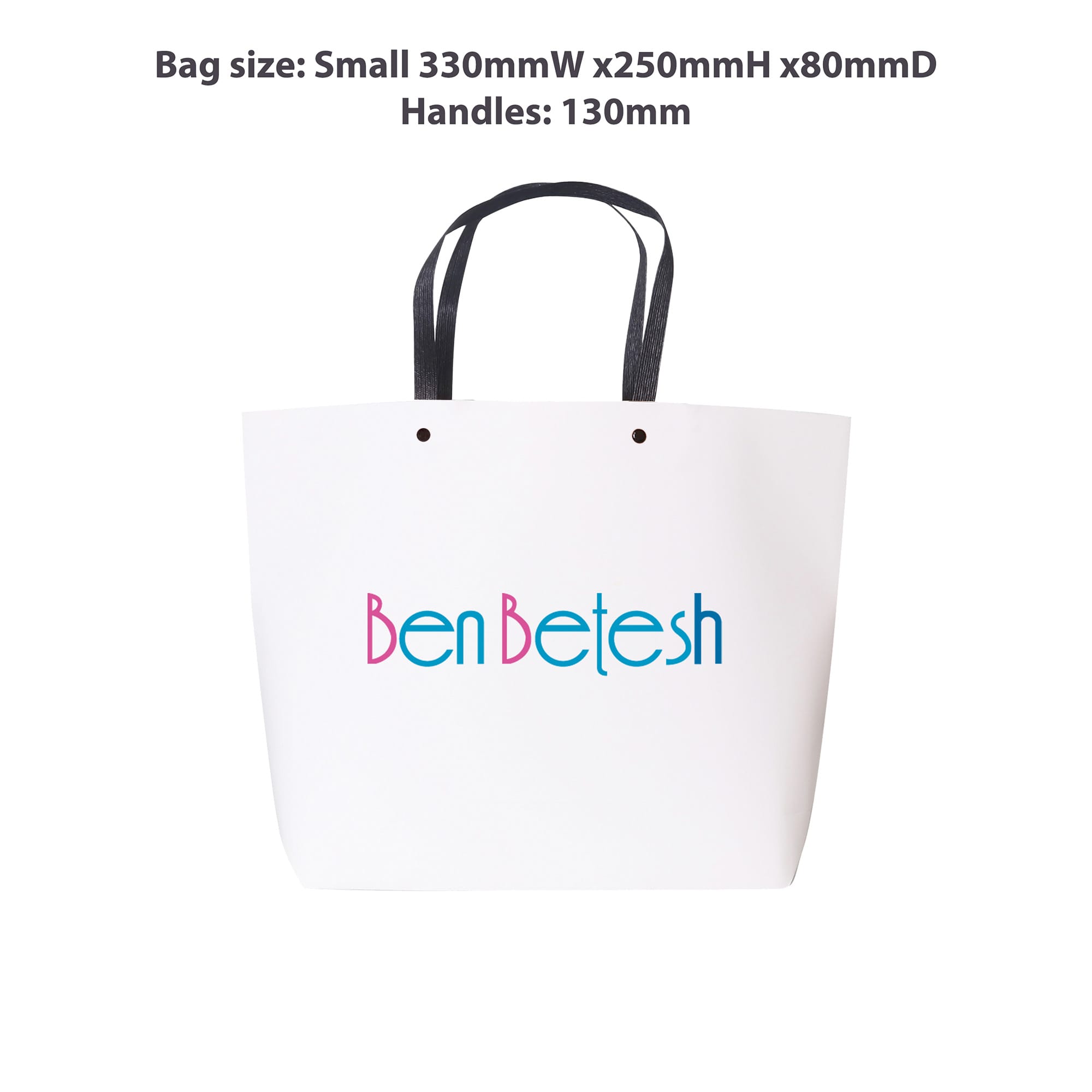 A small white boutique paper bag with black handles and a logo in colourful text. Dimensions are 330mm x 250mm x 80mm.
