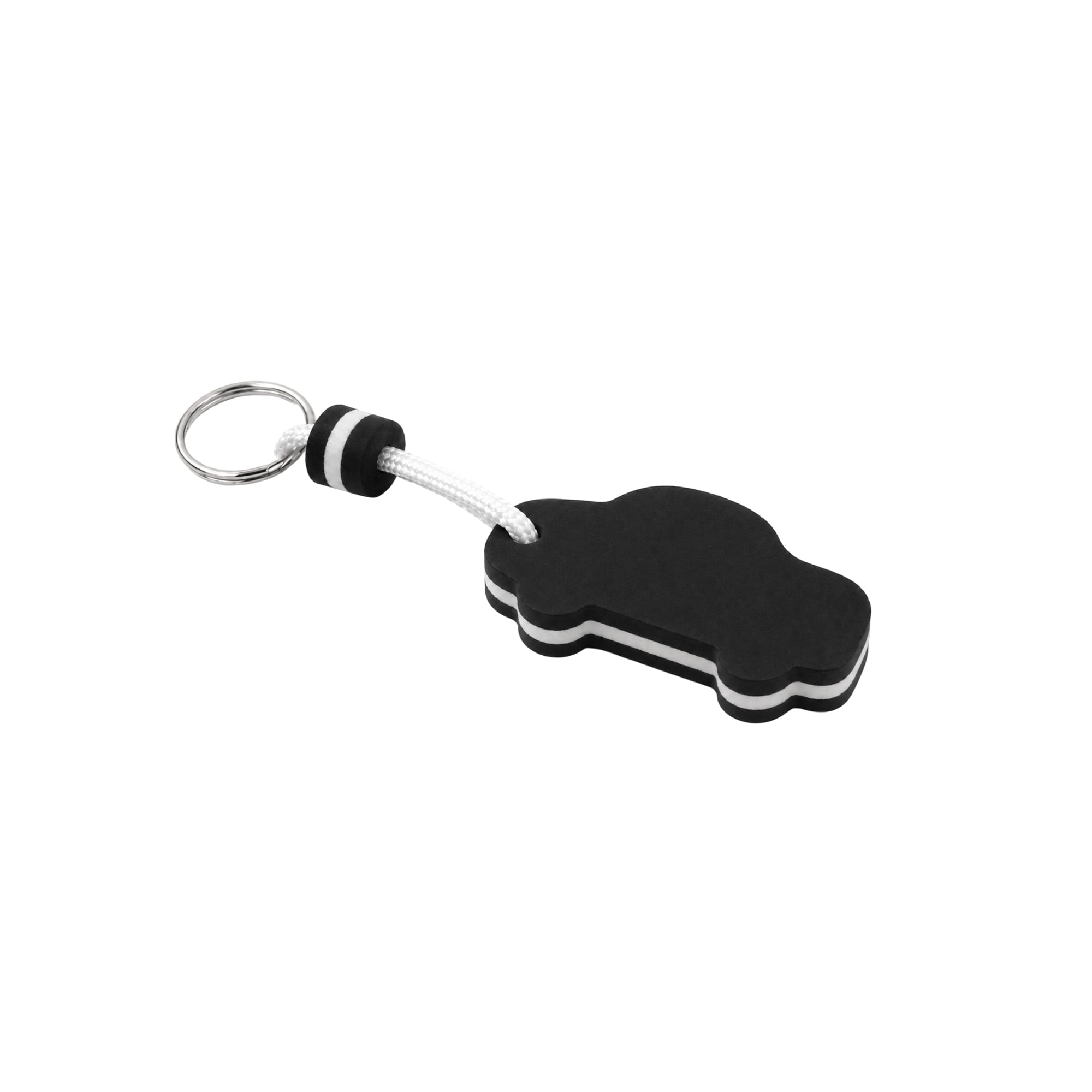 A black and white EVA floating keychain in the shape of a car, attached to a metal ring with a white cord.