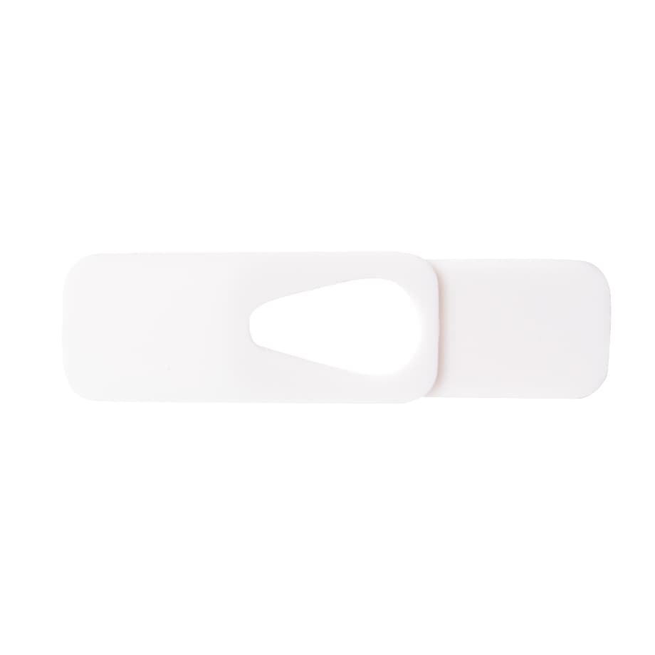 A white smart webcam cover with a sliding mechanism for privacy. Features a minimalistic design.