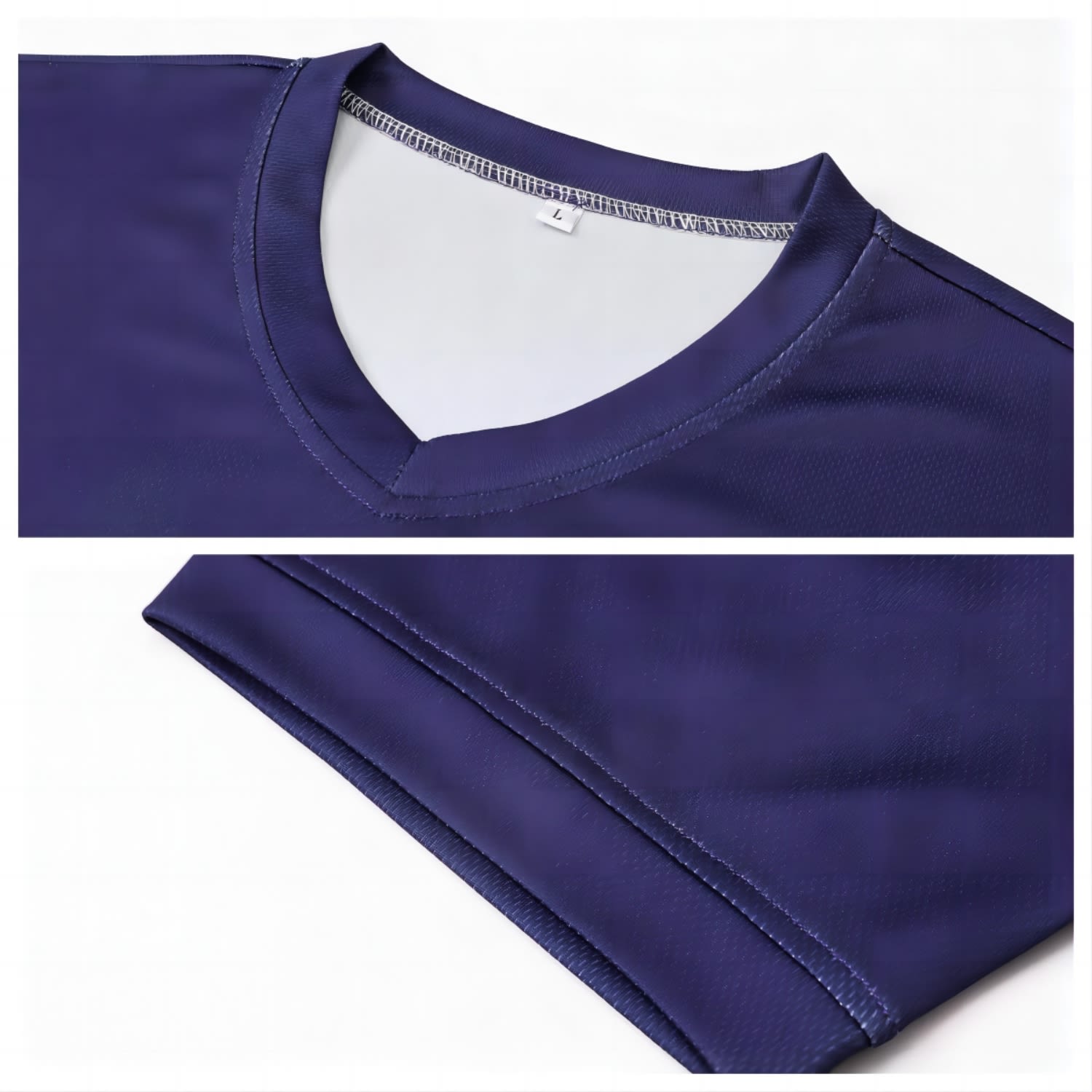 A unisex adults RPET sublimated V-collar tee shirt in deep navy blue, featuring a distinct V-neck design and hem detailing.