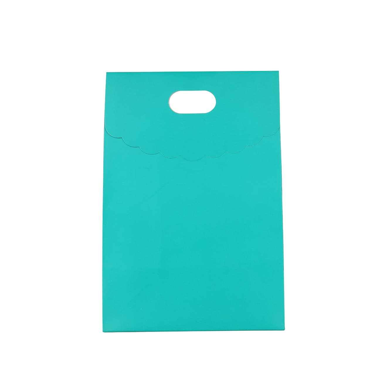 A teal die cut handle bag with a flap, featuring a scalloped edge and a handle cutout at the top.