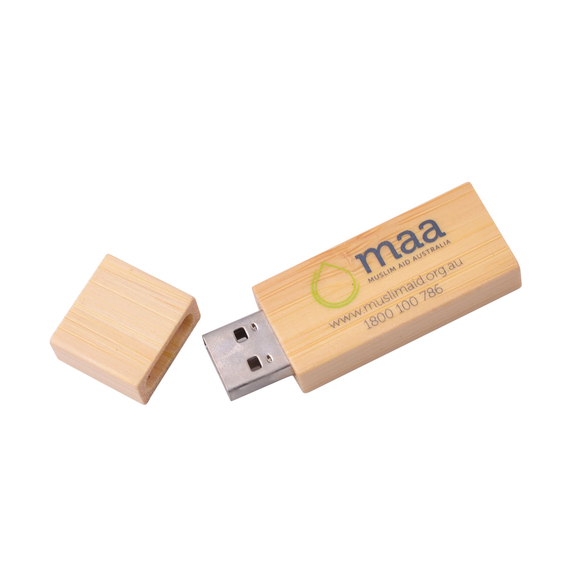 A rectangular wooden flash drive in light brown, with a removable cap and a logo on its surface.