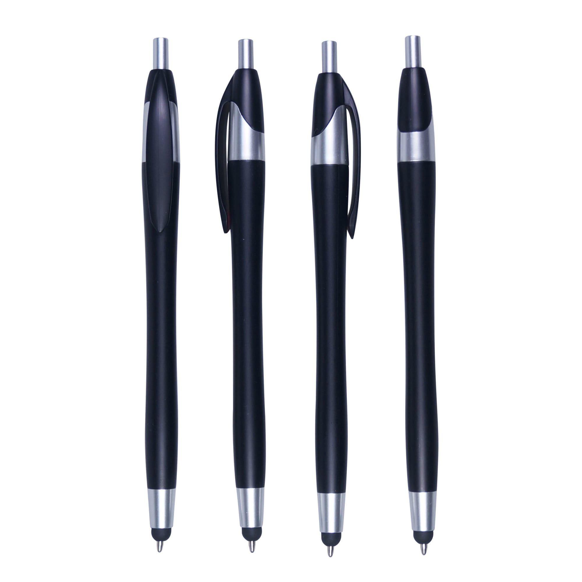 Four black stylus pens with silver accents, featuring a sleek design and a clip for easy attachment.
