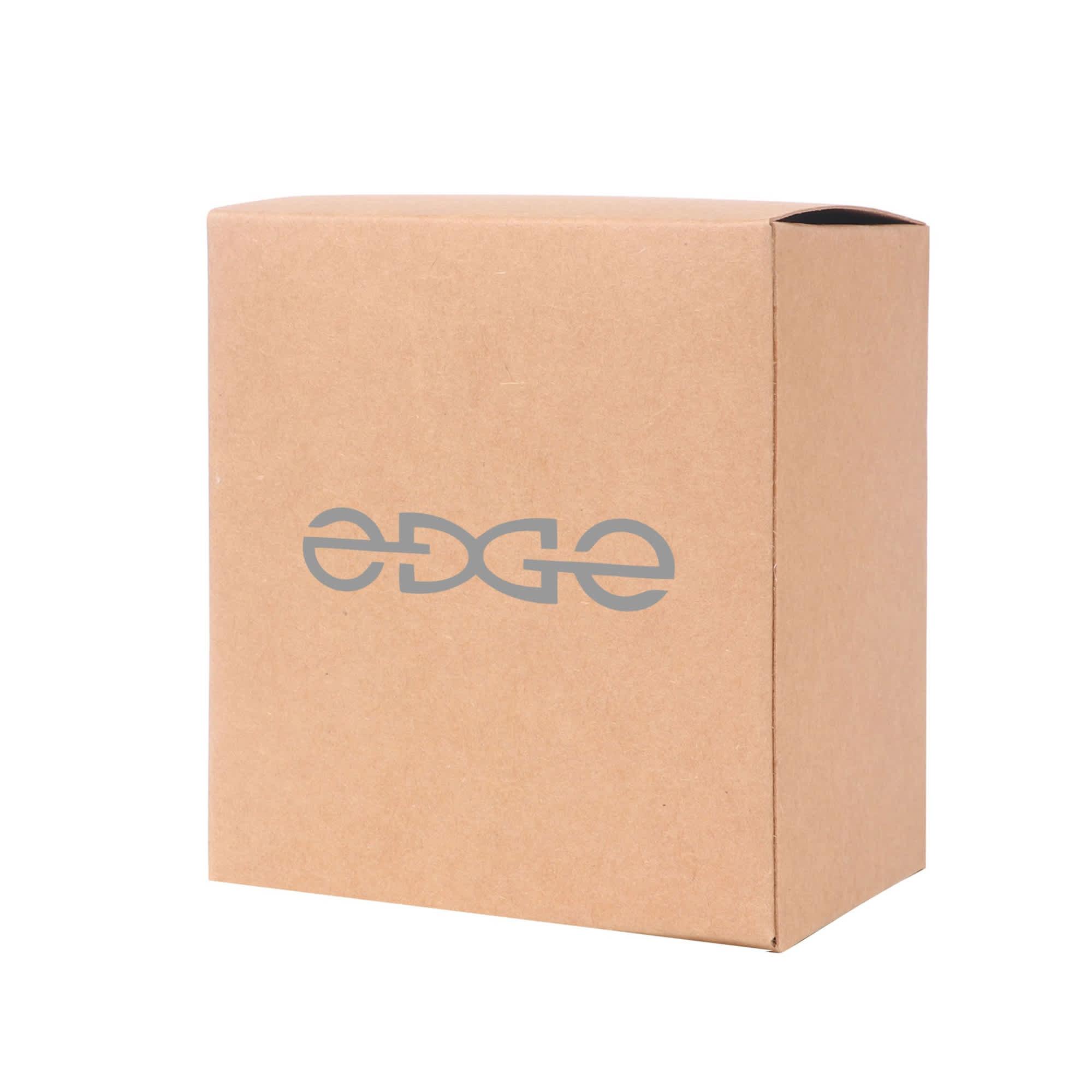 A medium square gift box in natural brown cardboard featuring a grey logo on the front.