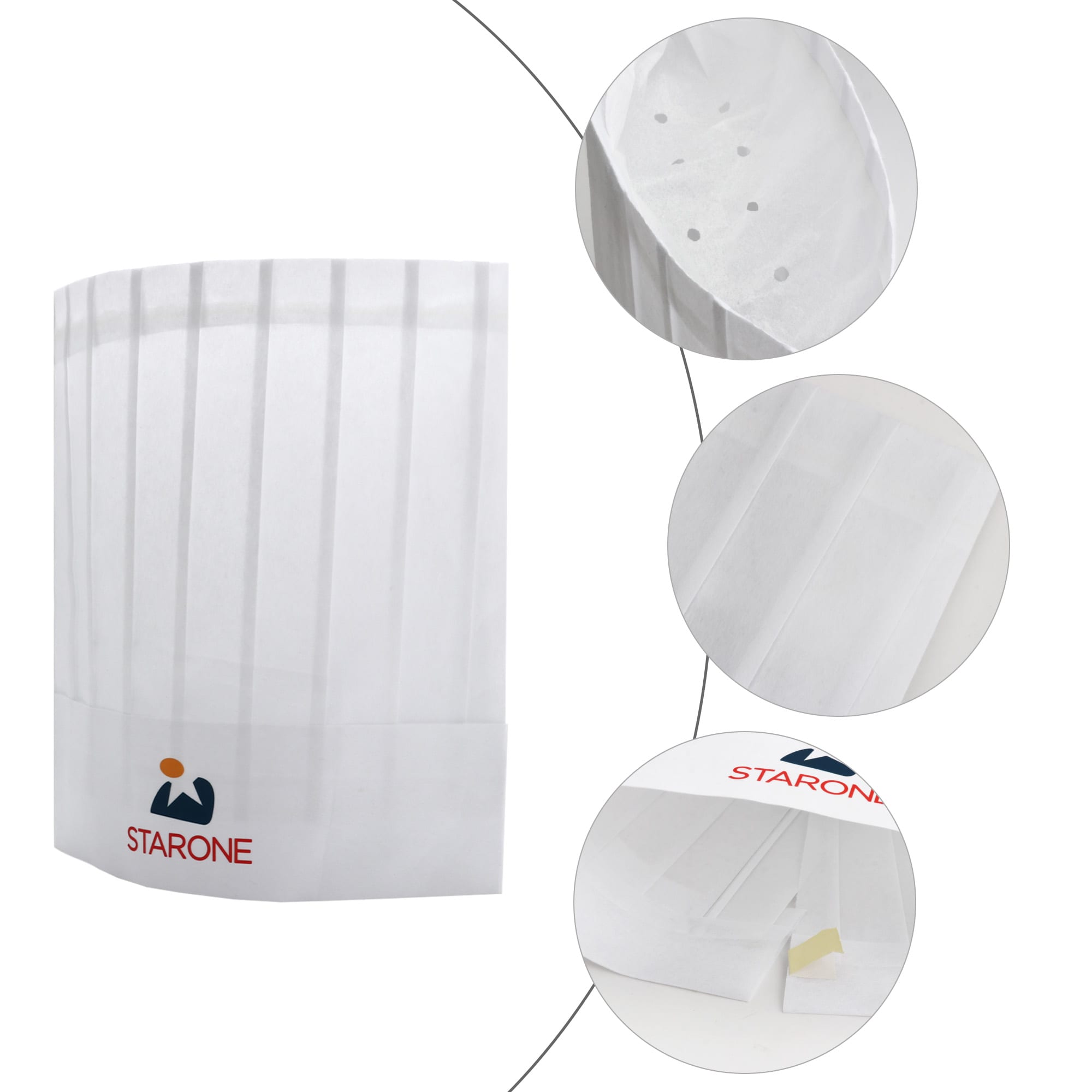 A disposable non-woven chef hat in white featuring ventilation holes and a logo at the base.