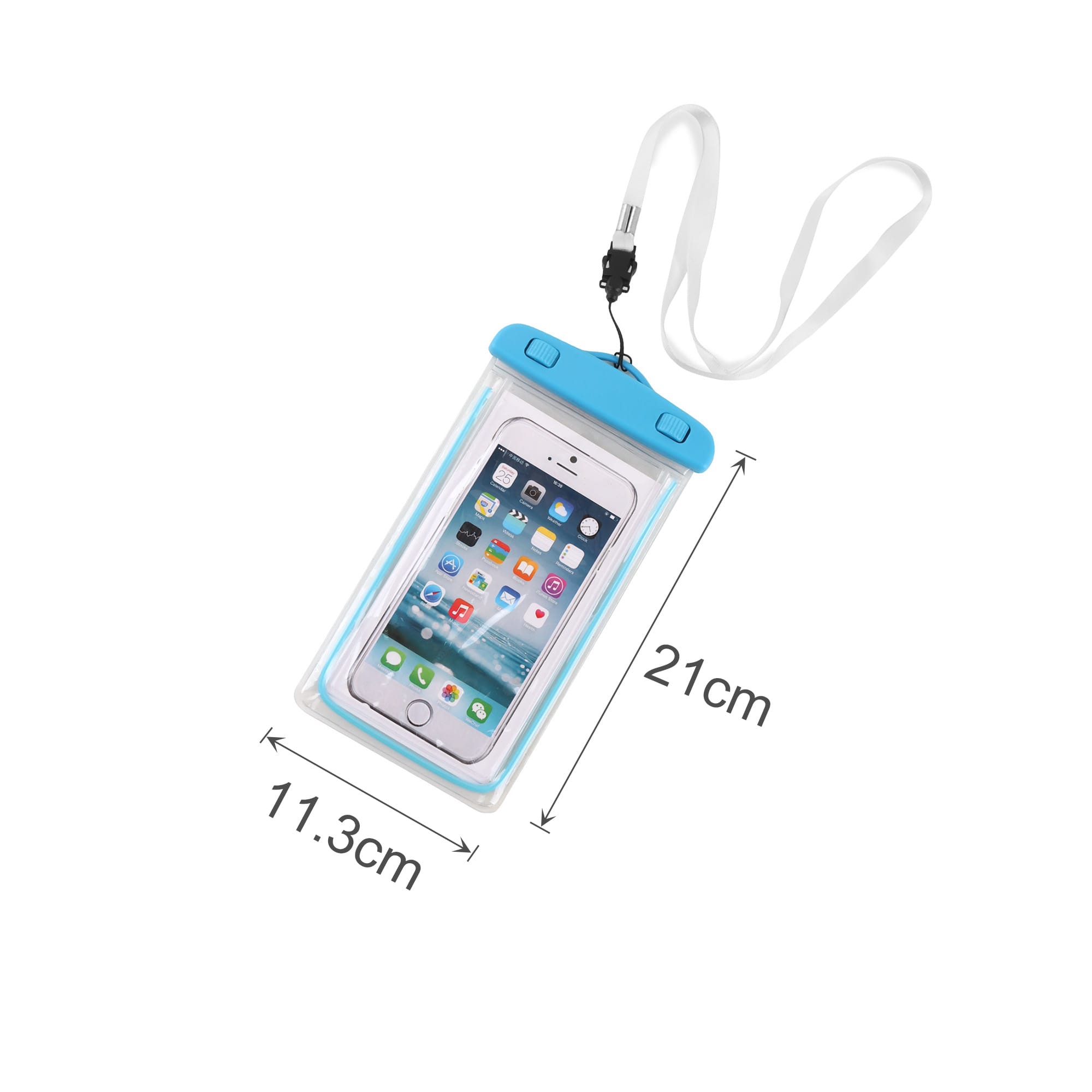 A waterproof phone bag with a blue top, featuring a clear front and a detachable strap. Dimensions are 21 cm by 11.3 cm.