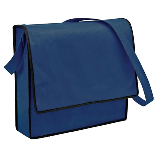 A blue non-woven sling bag with a flap closure and an adjustable strap. It features a logo on the front.