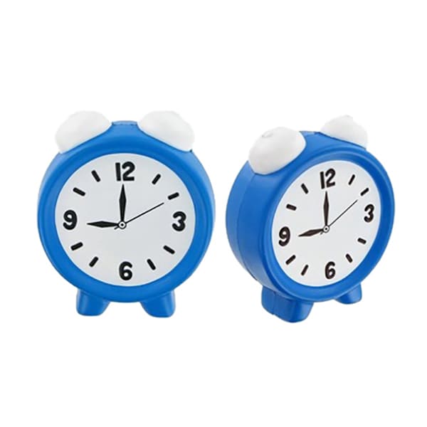 A blue alarm clock-shaped stress reliever with a white face and black numbers, featuring two white bells on top.