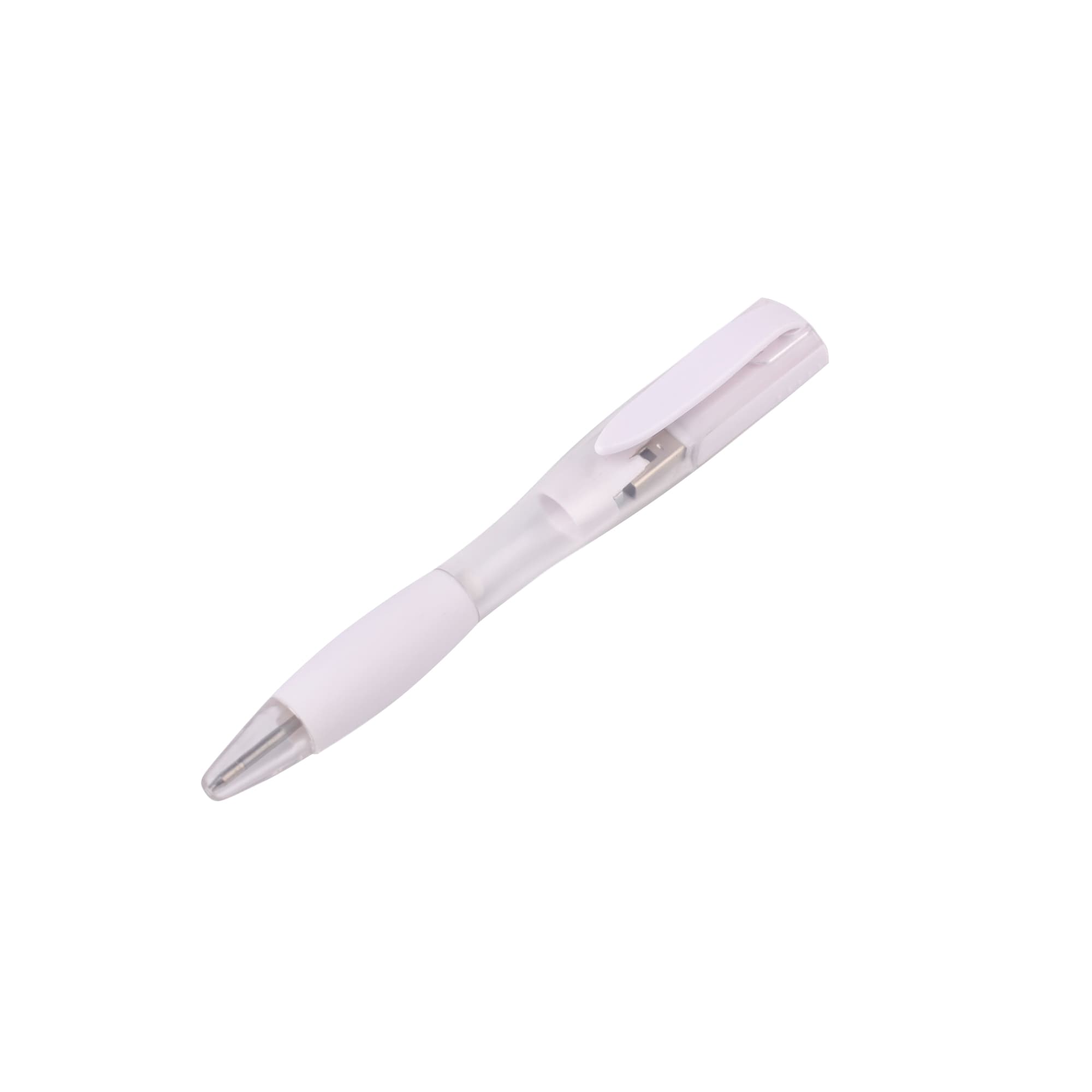 A white ballpoint pen that doubles as a flash drive, featuring a clear plastic body and a silver tip.
