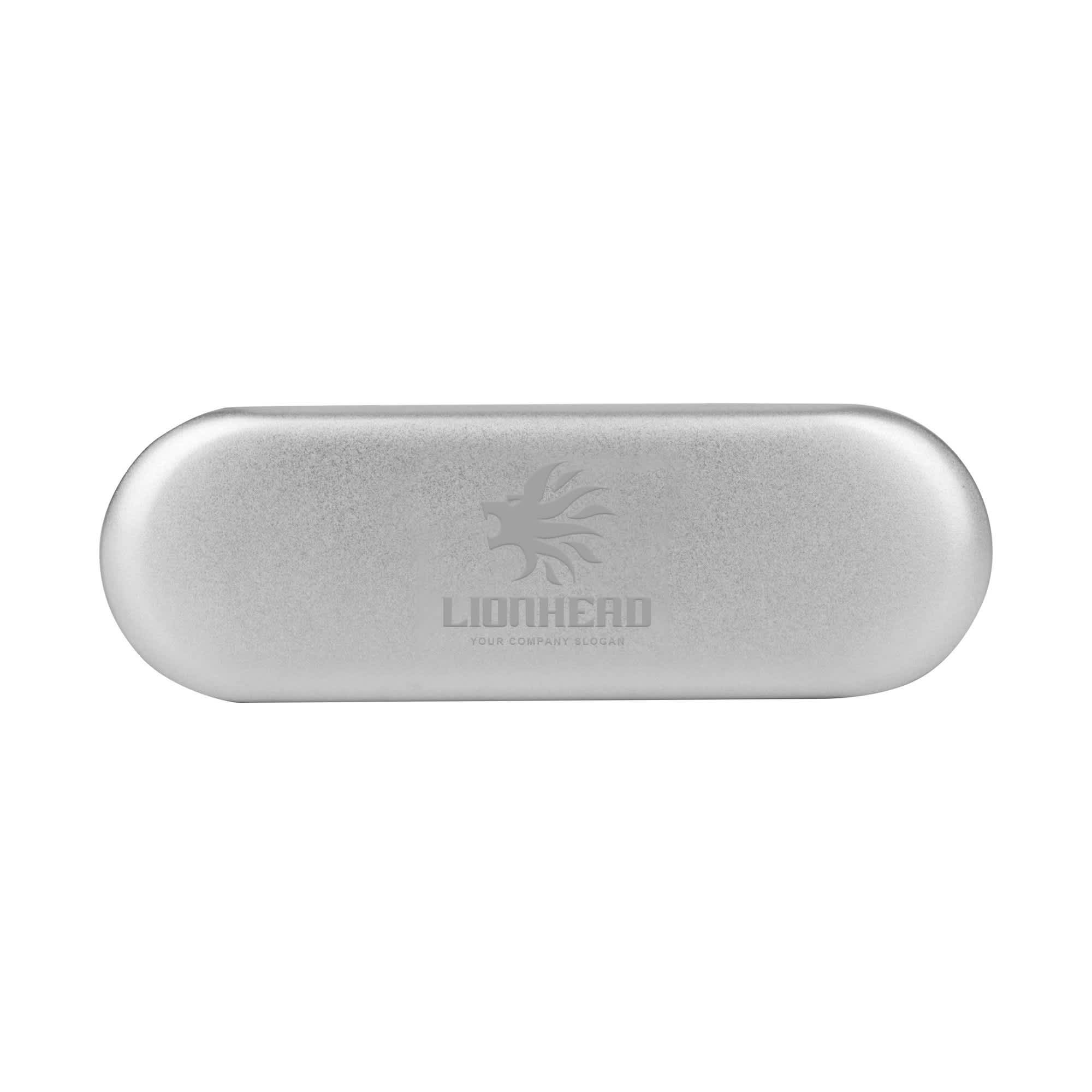 A silver tin with a black foam insert, featuring a logo on the surface.