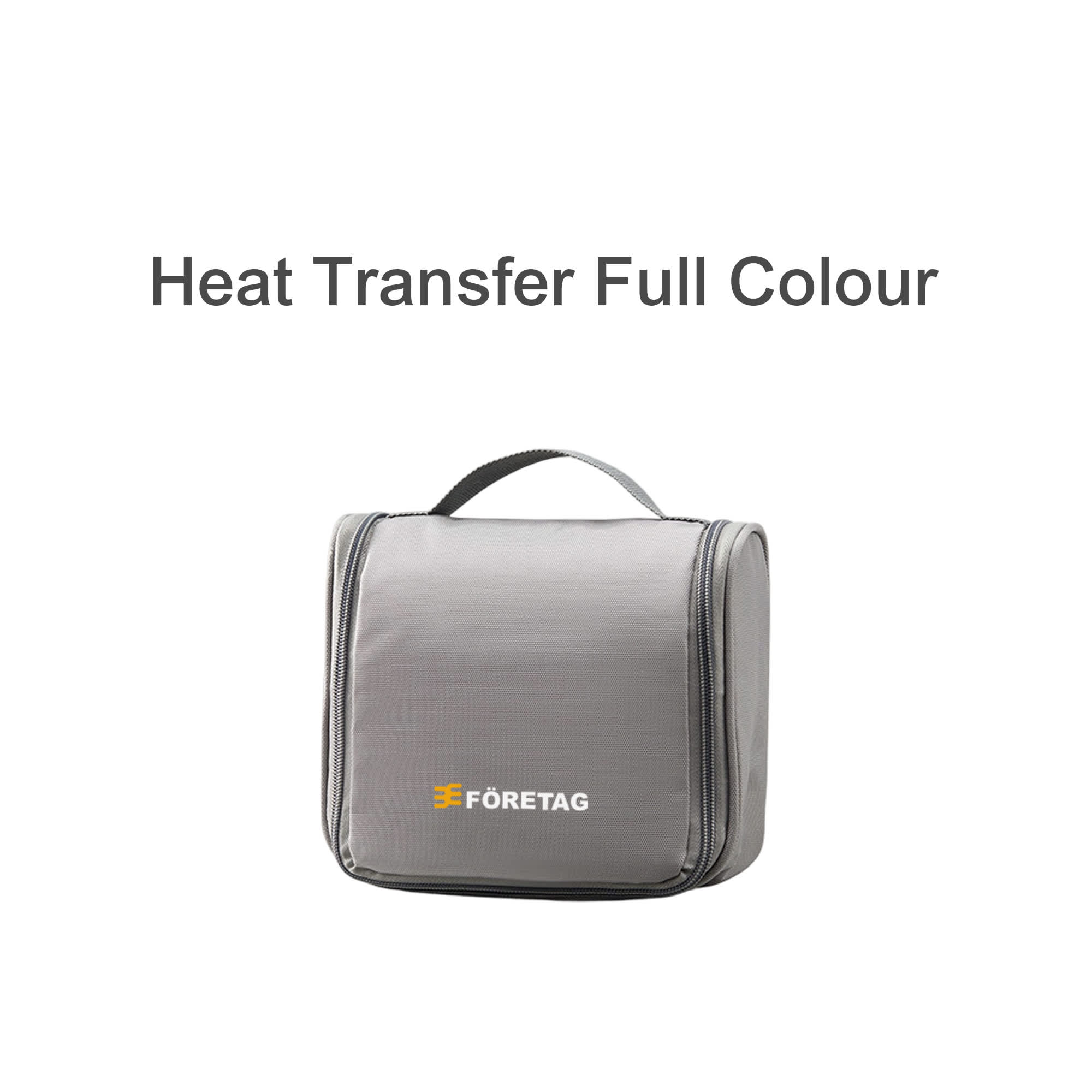 A grey hanging travel toiletry bag with a zipper and a top handle. It features a logo on the front.