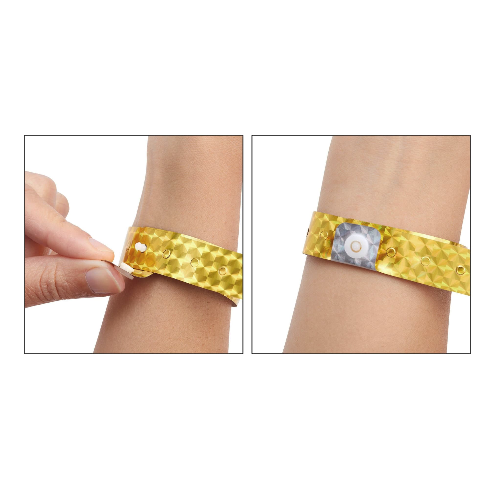 A yellow disposable holographic PVC wristband with a fastening mechanism, showcased on a person's wrist.