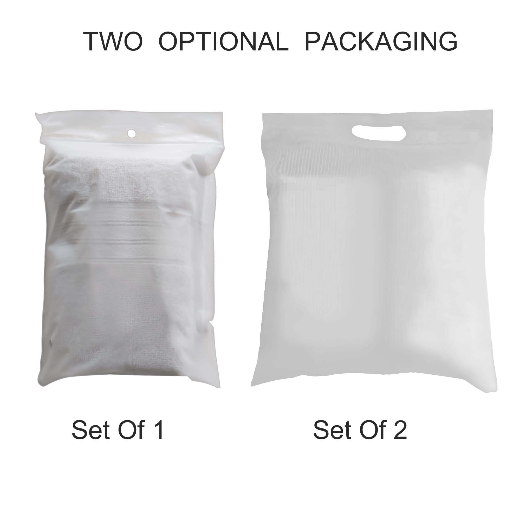 Two transparent packaging options for a set of cotton hand towels, featuring a handle and an opening at the top.