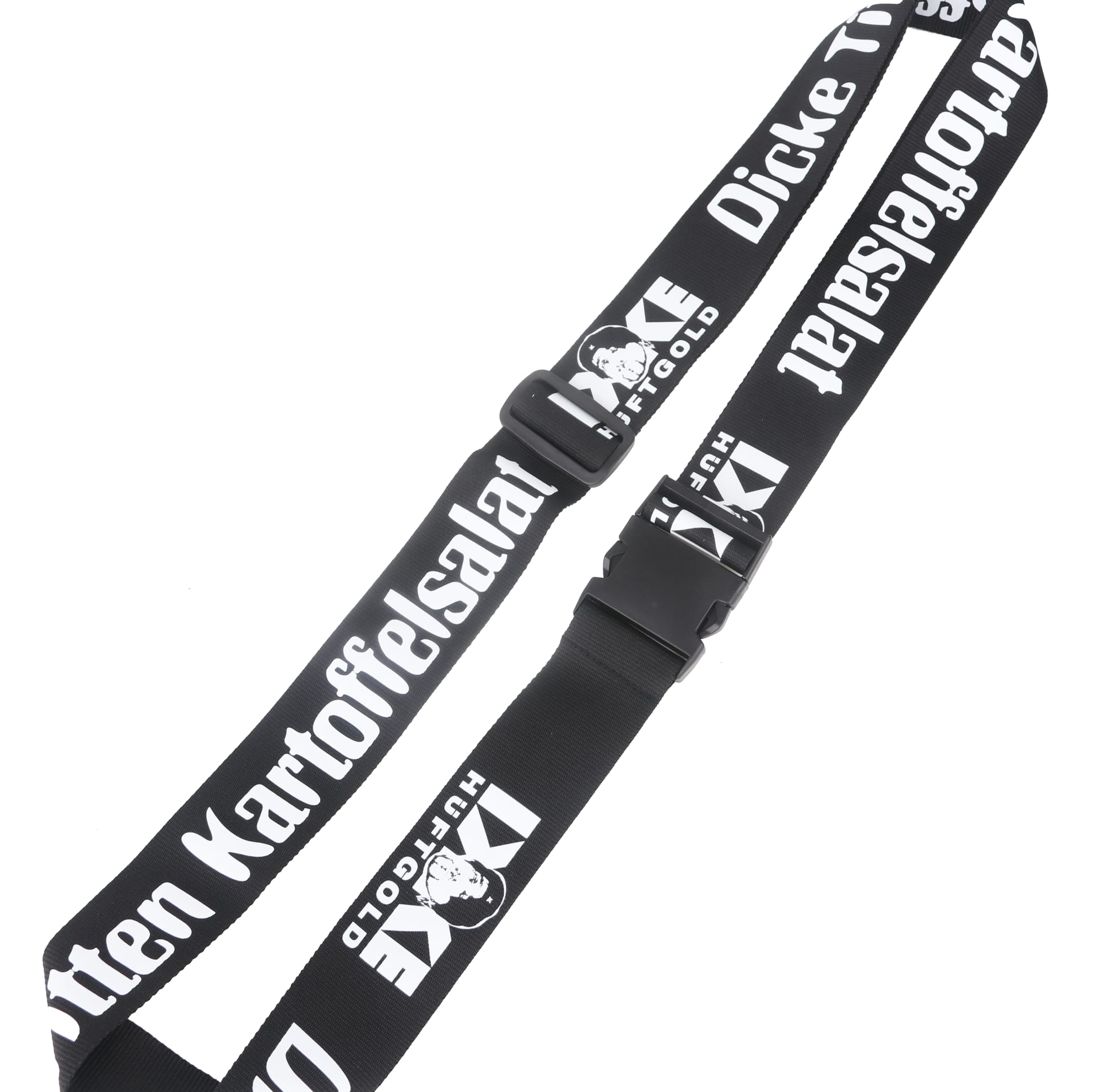 A black luggage belt with white text and a buckle, featuring a logo. Ideal for securing bags.