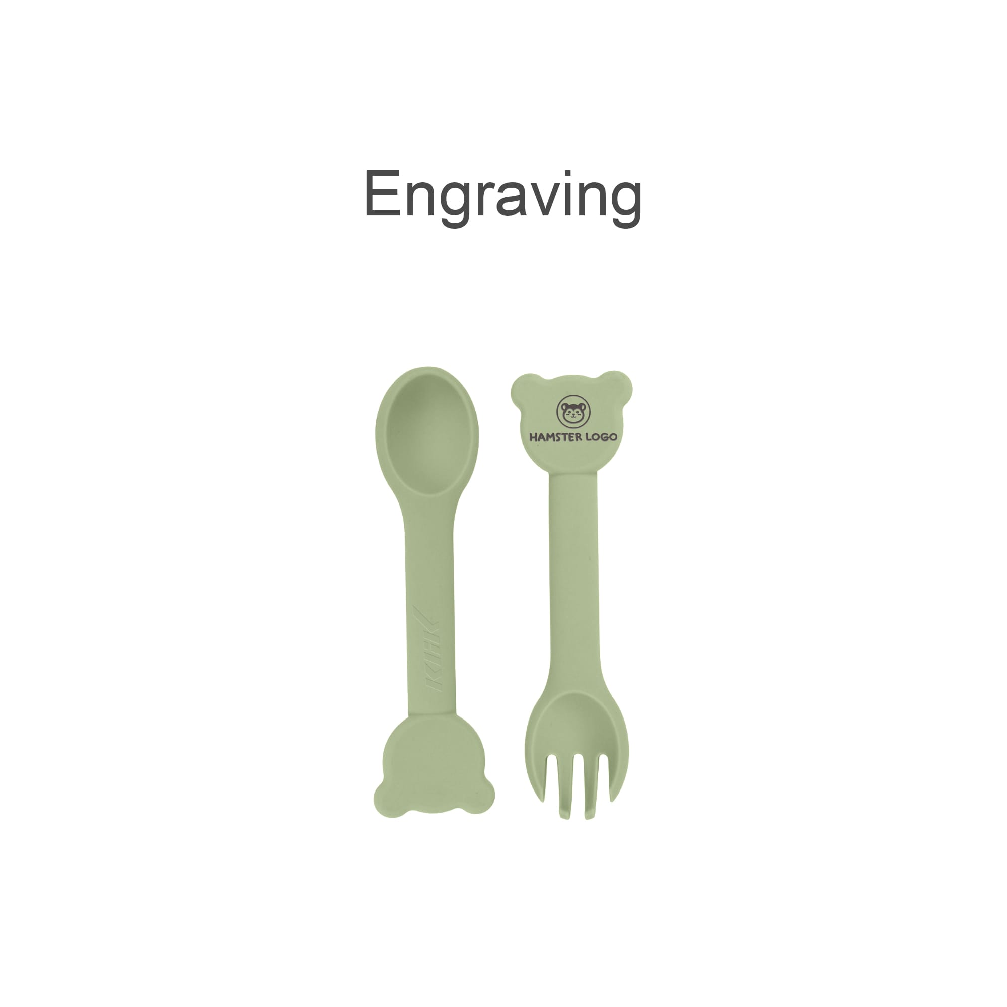 A bear-shaped silicone kids cutlery set in soft green, featuring a spoon and fork, with a small logo.