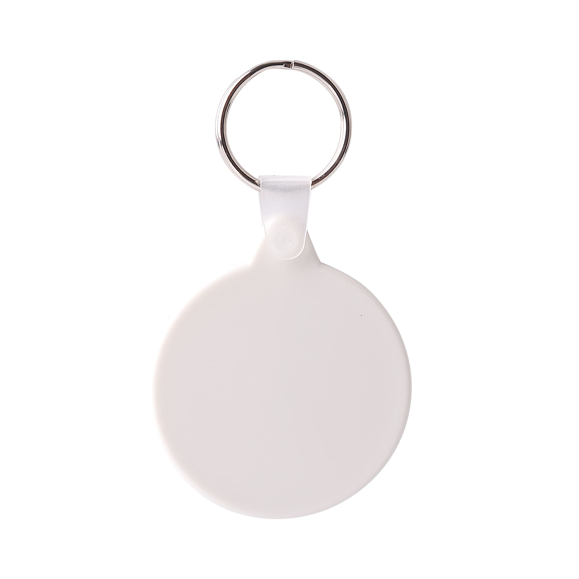 A round hard plastic keyring in white with a metal keyring attachment. It features a smooth, plain surface.