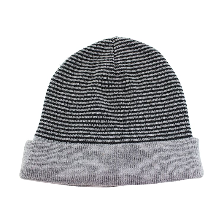 A knitted beanie in grey and black stripes, featuring a folded cuff and a branding logo.