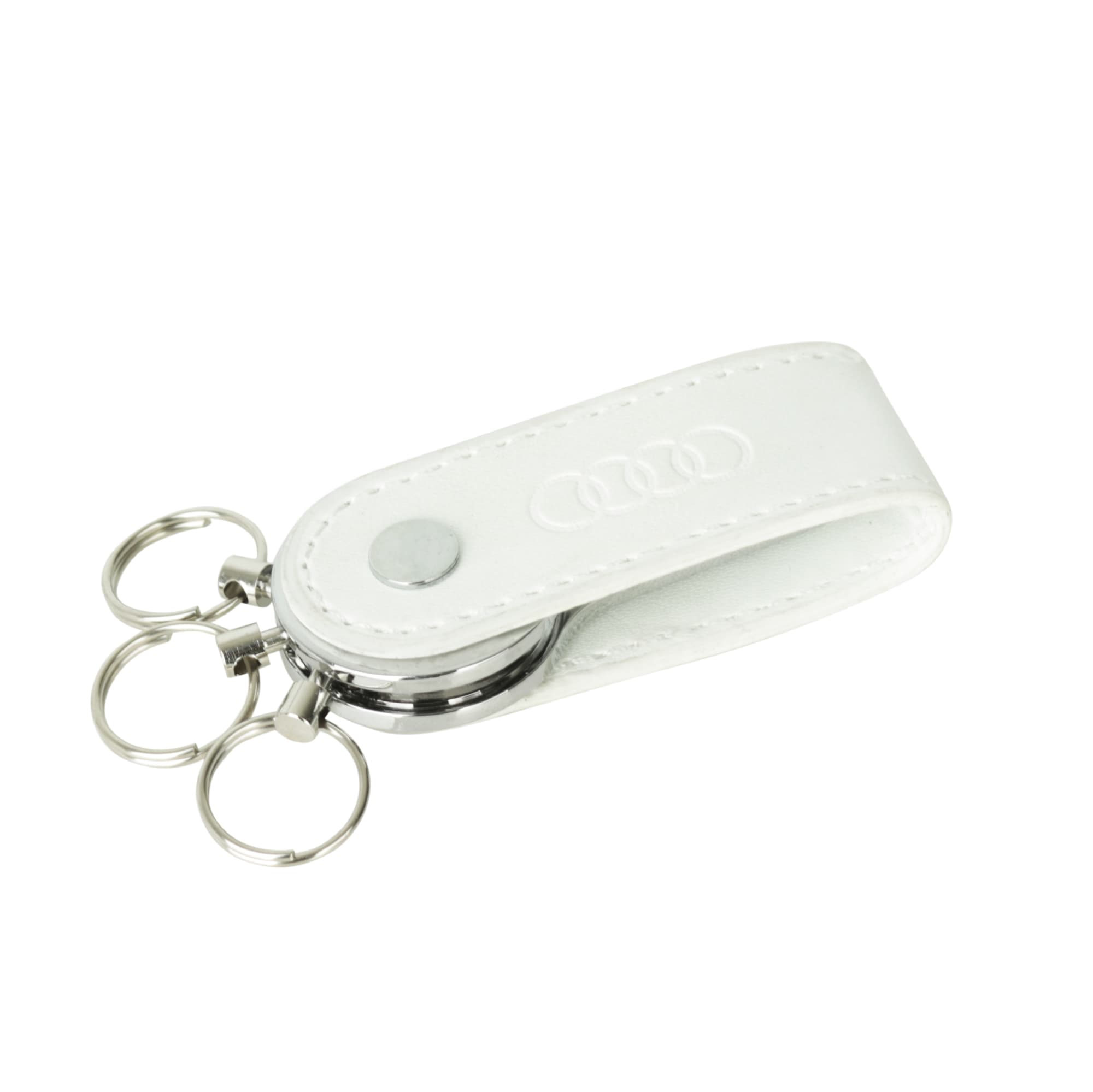 A white PU leather keychain with a swivel drive and three metal key rings, featuring an embossed logo.