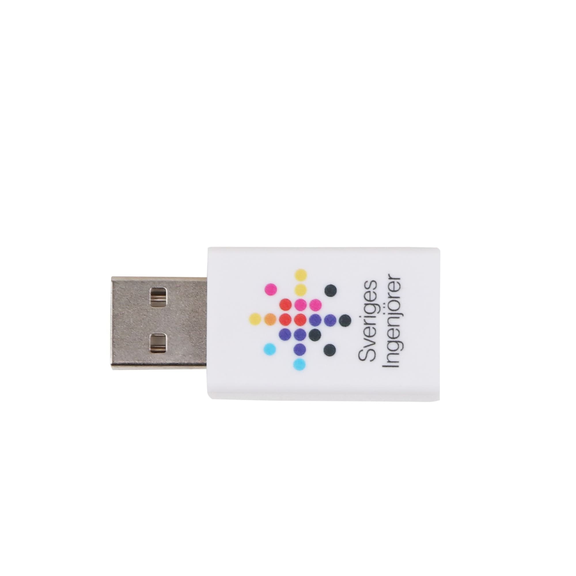 A white USB data blocker featuring a colourful dot design and a small logo on one side.