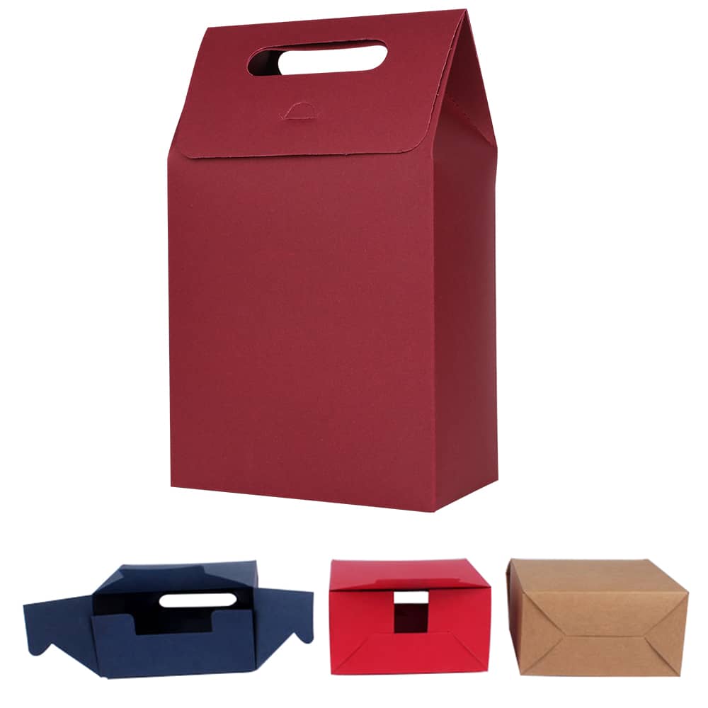 A red die cut handle bag with a solid structure, accompanied by blue, red, and brown box variations.