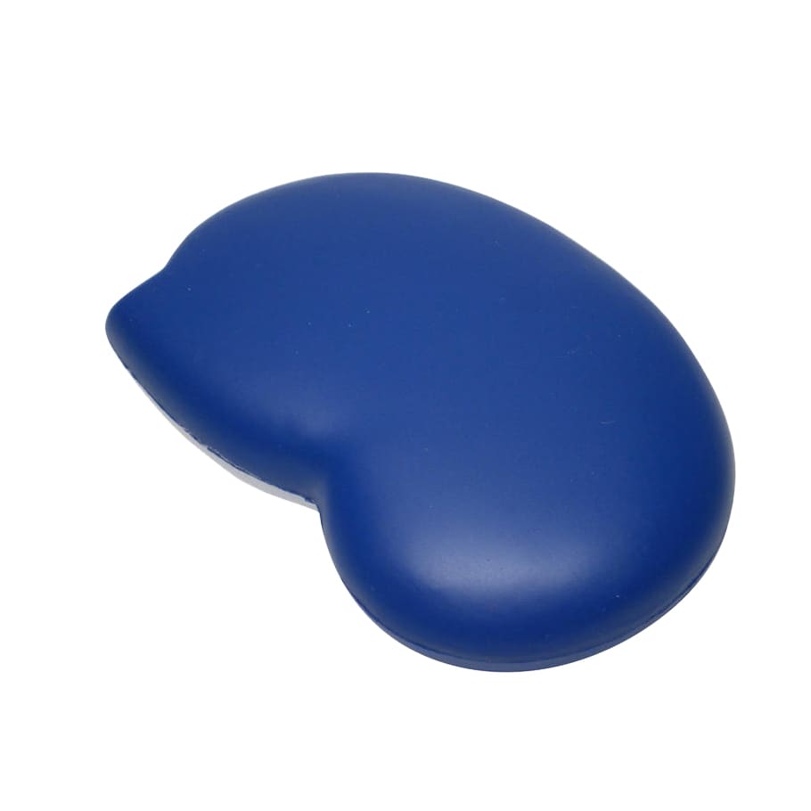 A blue kidney-shaped stress reliever with a smooth finish, featuring a logo on one side.