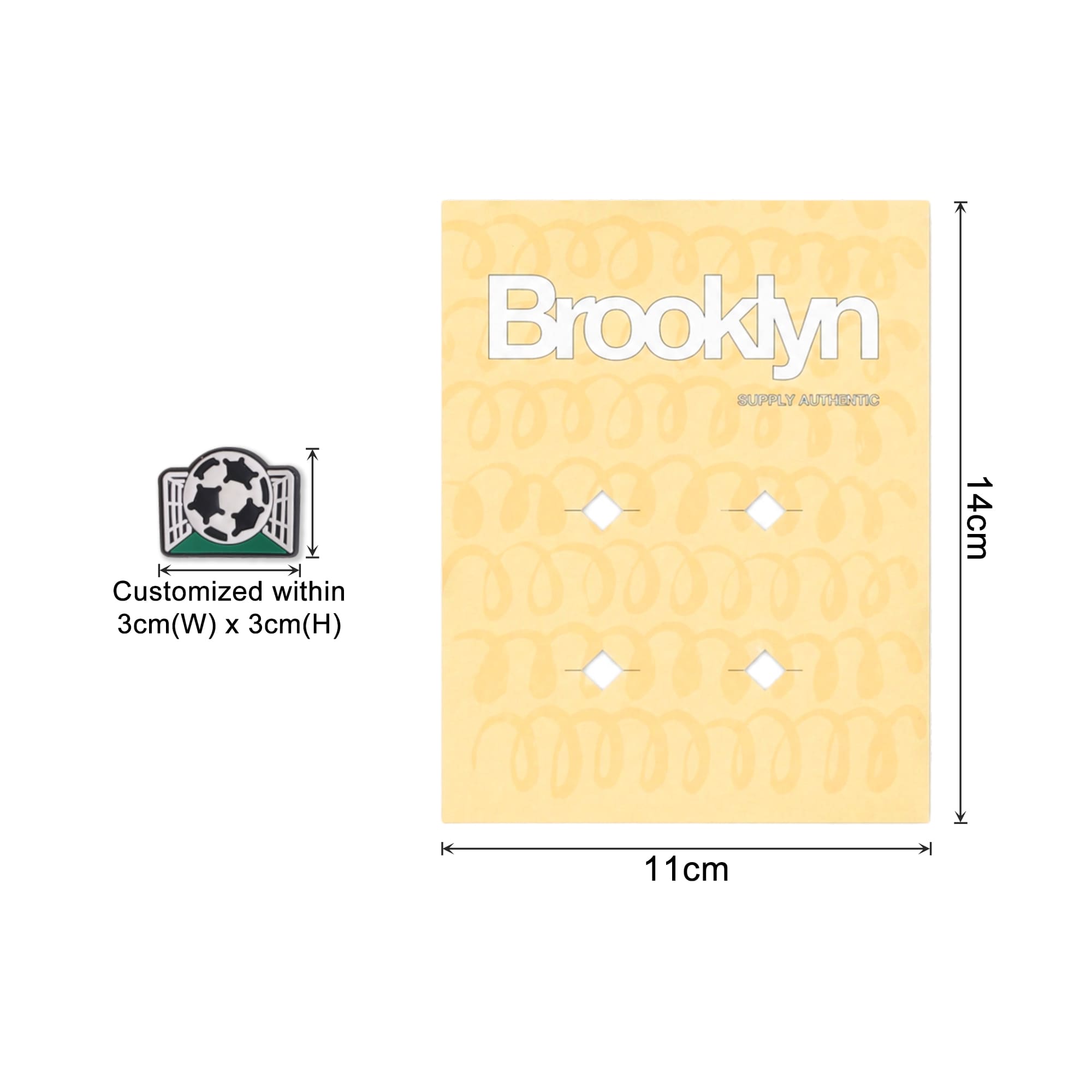 A pack of custom shoe charms featuring a soccer design on a yellow card, measuring 11cm by 14cm.