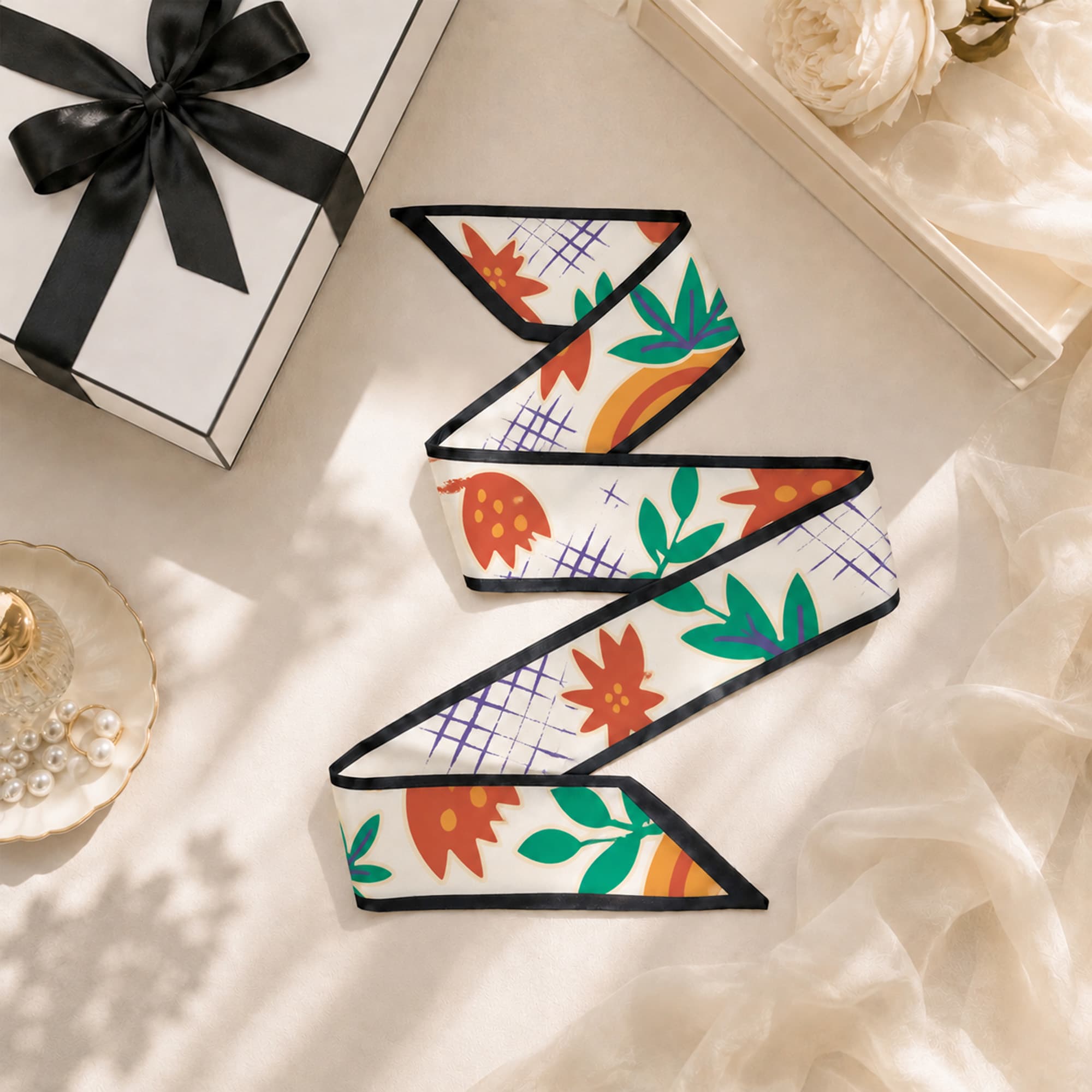 A narrow twill weave scarf featuring a floral pattern in vibrant colours, with black edges and a decorative ribbon.