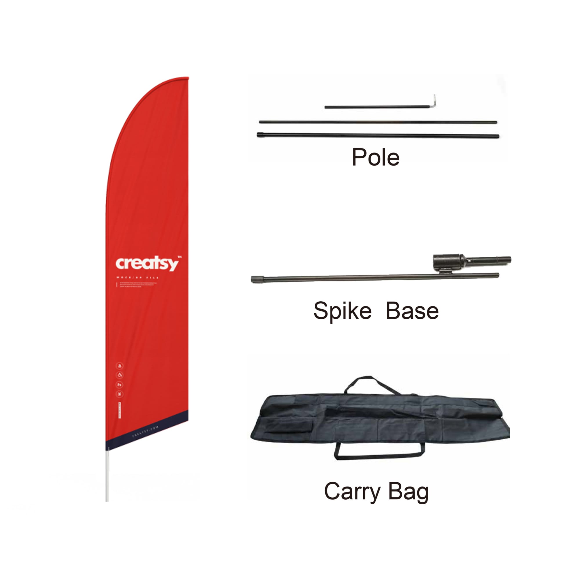 A red angled feather banner with a pole, spike base, and carry bag included. Features a logo.