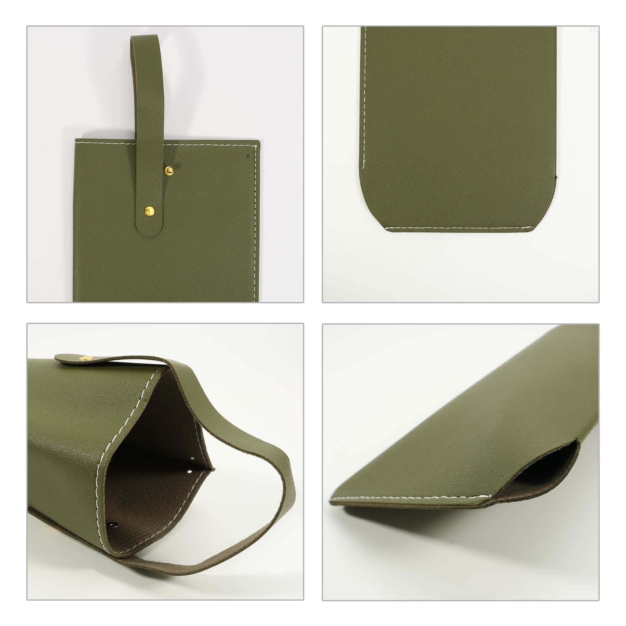 A green PU leather wine bag with a handle, featuring stitching details and a rounded bottom. It has a simple logo.