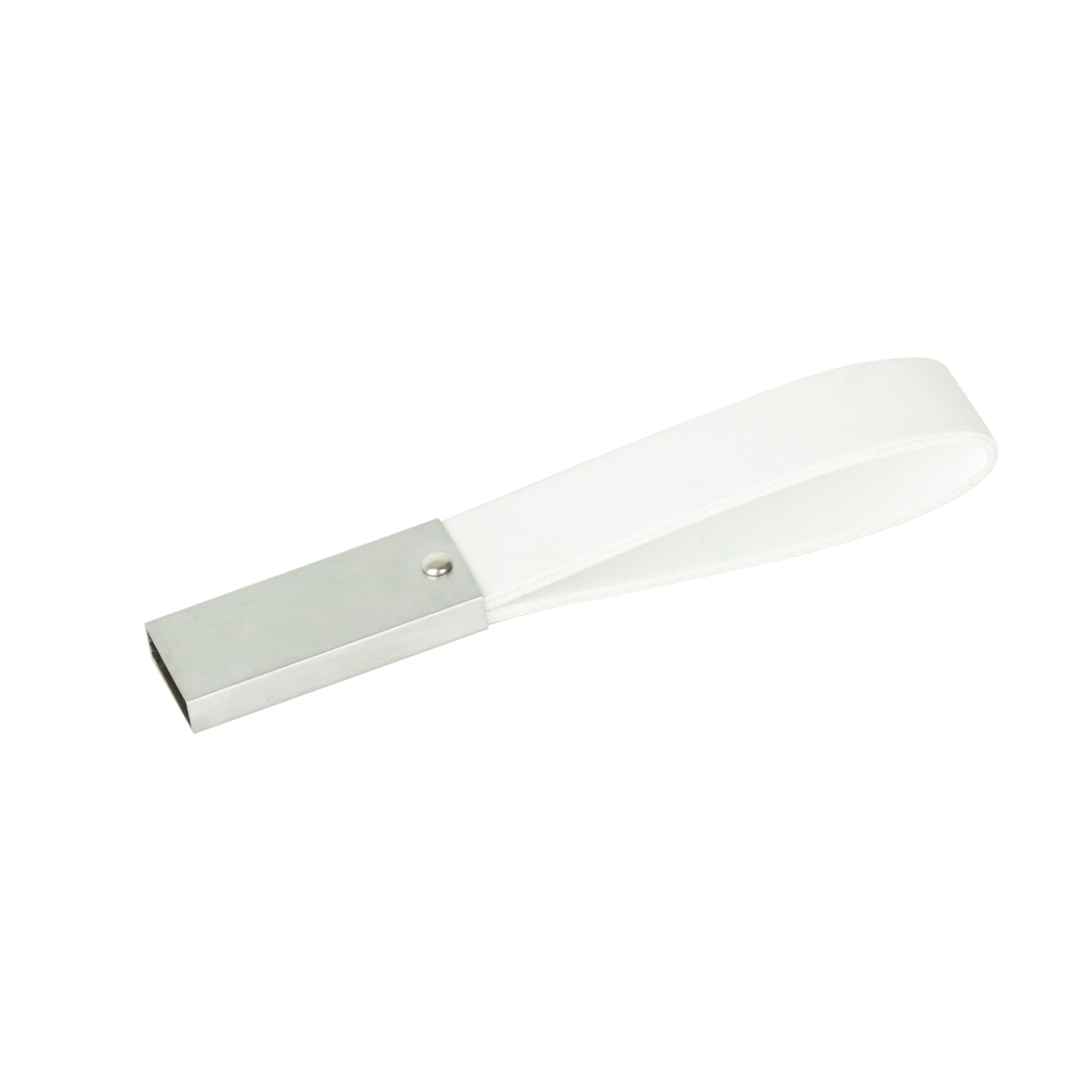 A leather strap flash drive with a silver metal casing and a white leather strap.