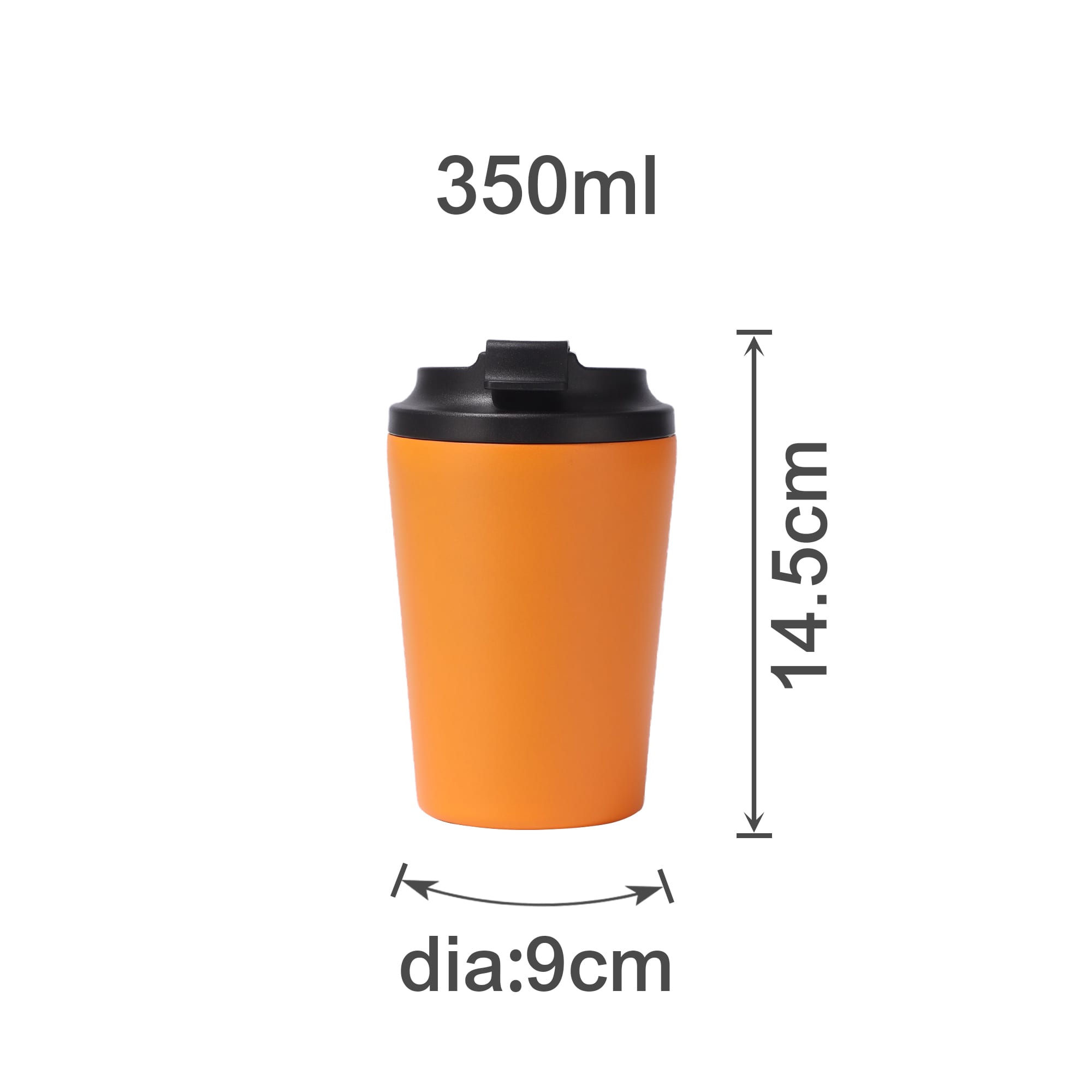 An orange 350ML powder-coated stainless steel coffee mug with a black lid, featuring a logo.