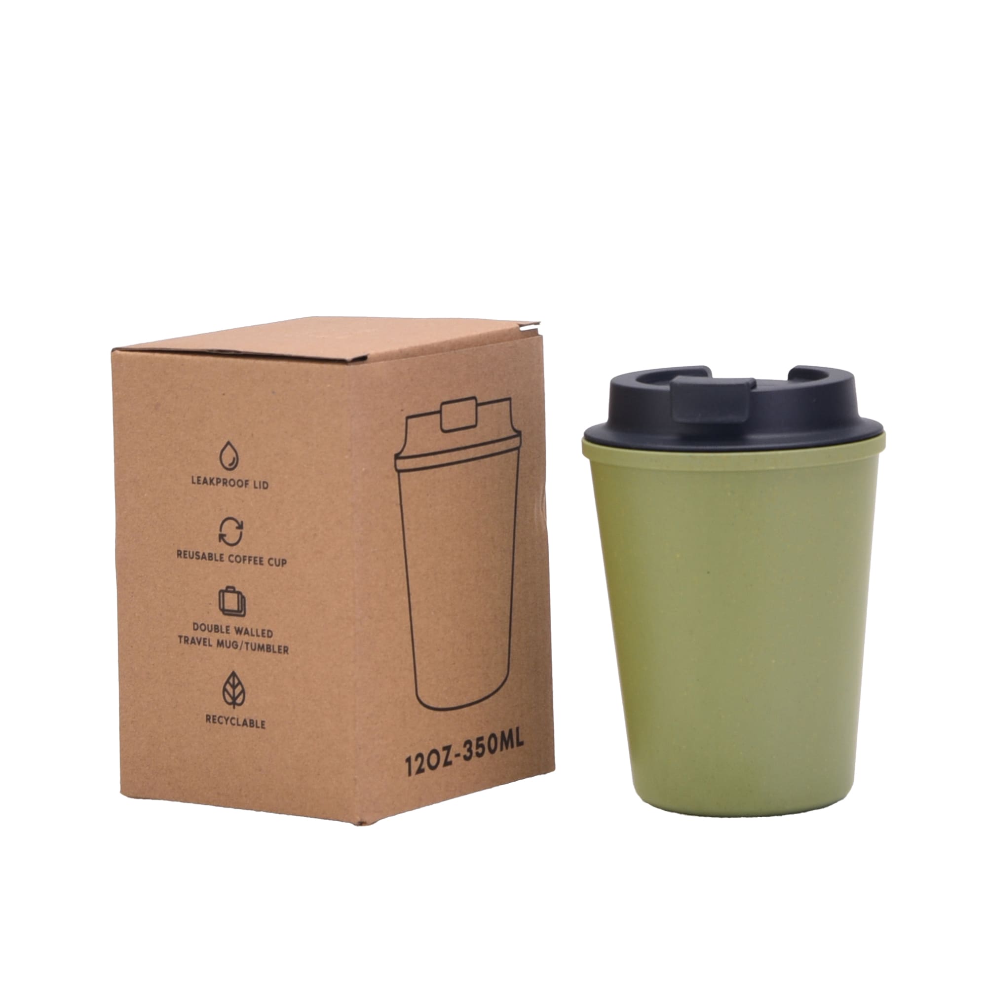 A drink bottle in olive green with a black lid, accompanied by a brown packaging box.