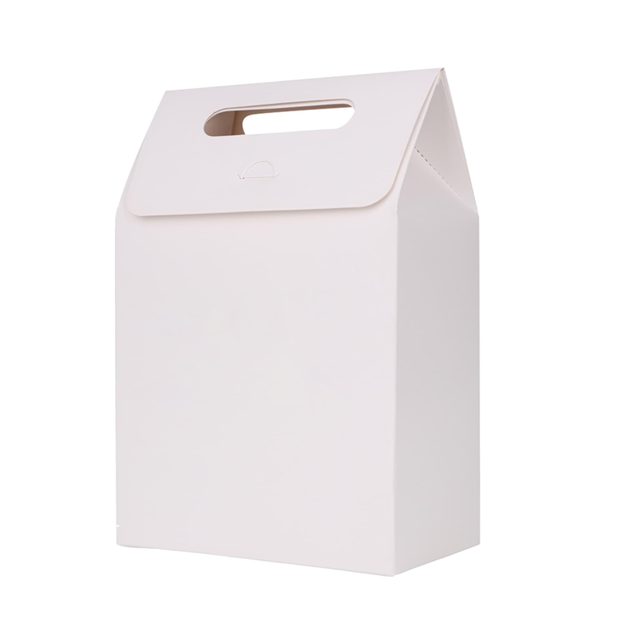 A white die cut handle bag with a triangular top and a handle, featuring a plain design.