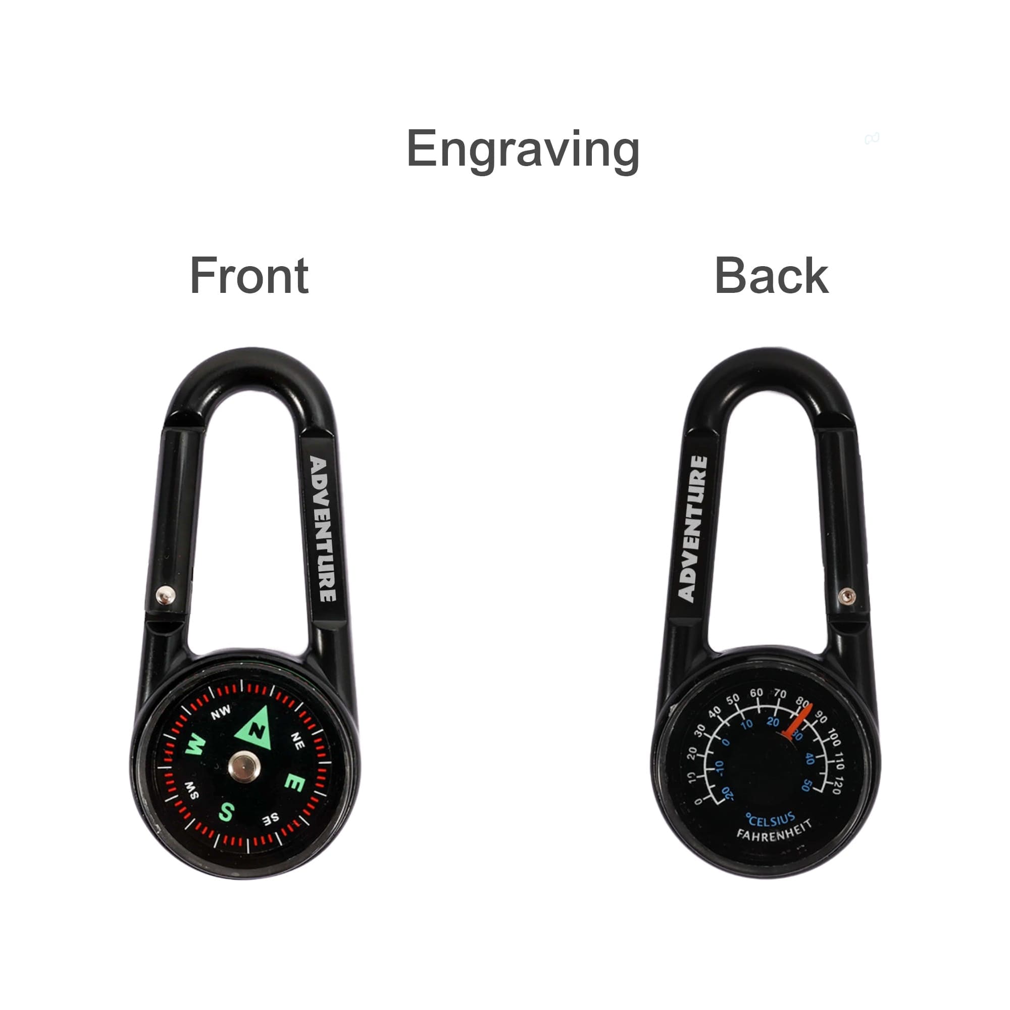 A black carabiner featuring a compass on one side and a thermometer on the other.