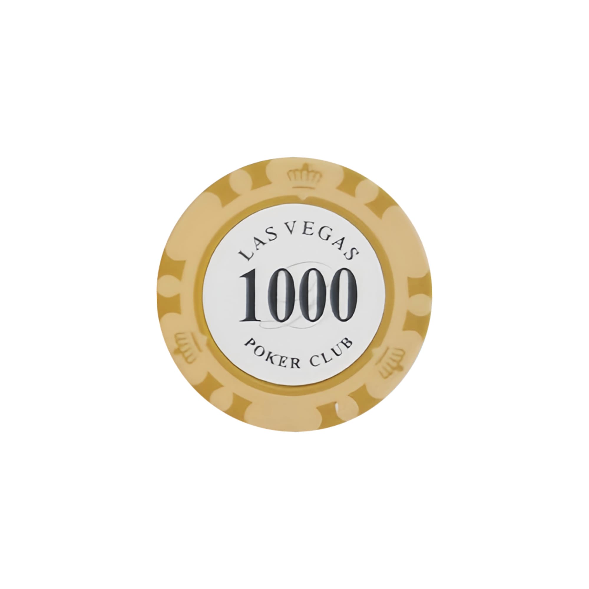 A round clay poker chip in gold and white, featuring a central denomination of 1000 and branding elements.