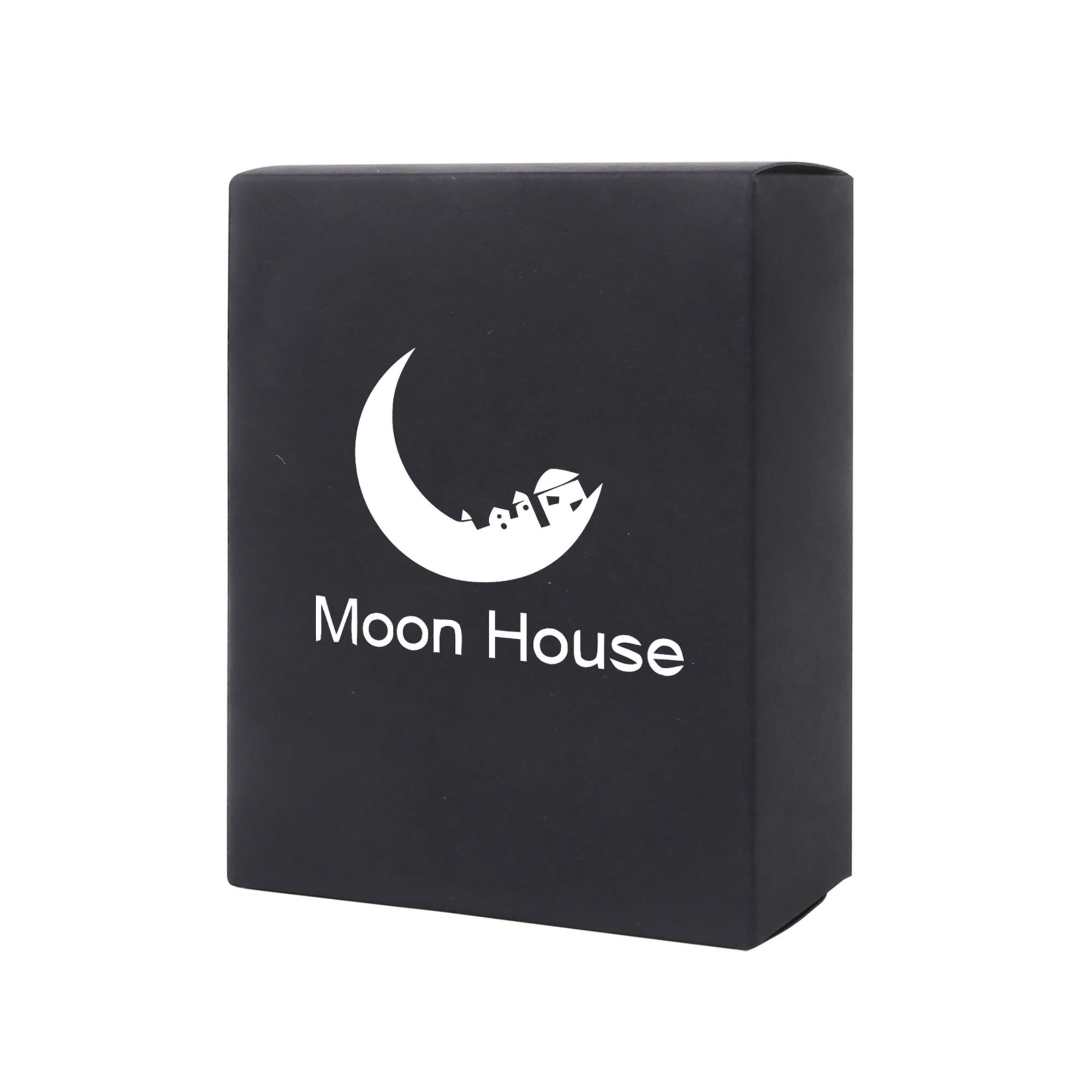 A small black gift box with a curved moon design and a label featuring the text "Moon House."