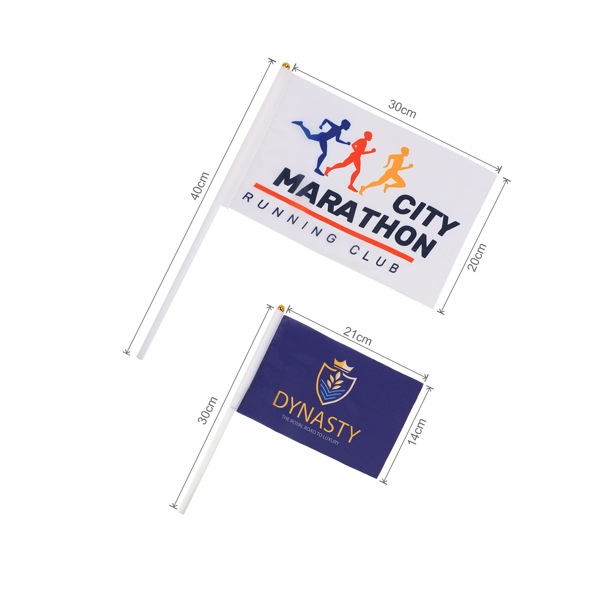 A rectangular cheering flag stick, featuring a white flag with multicoloured running figures and a blue flag with a logo.