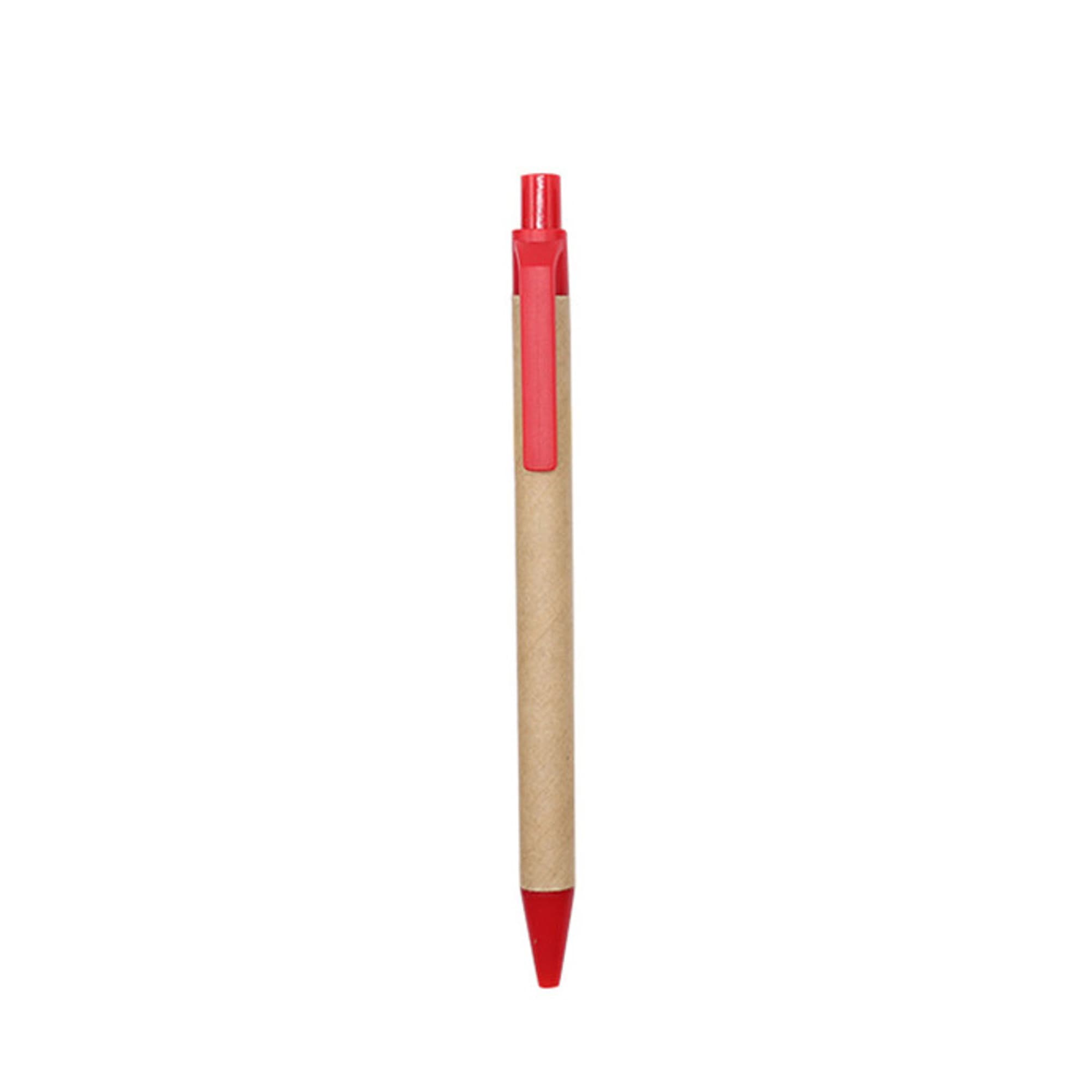 A Kraft paper pen with a red plastic tip and clip, featuring a simple design and a logo.