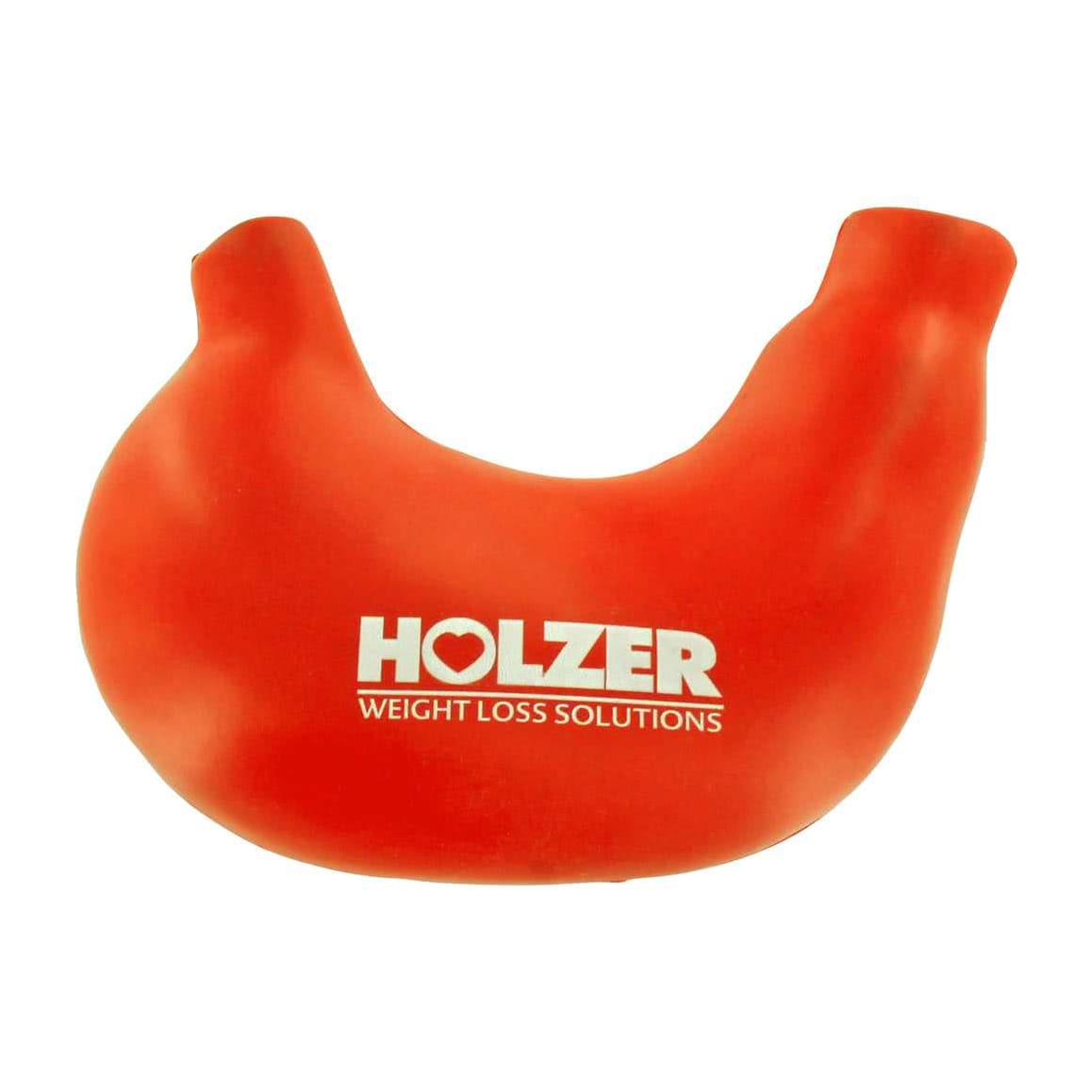 A red stomach-shaped stress reliever featuring a logo. Ideal for fun and games.