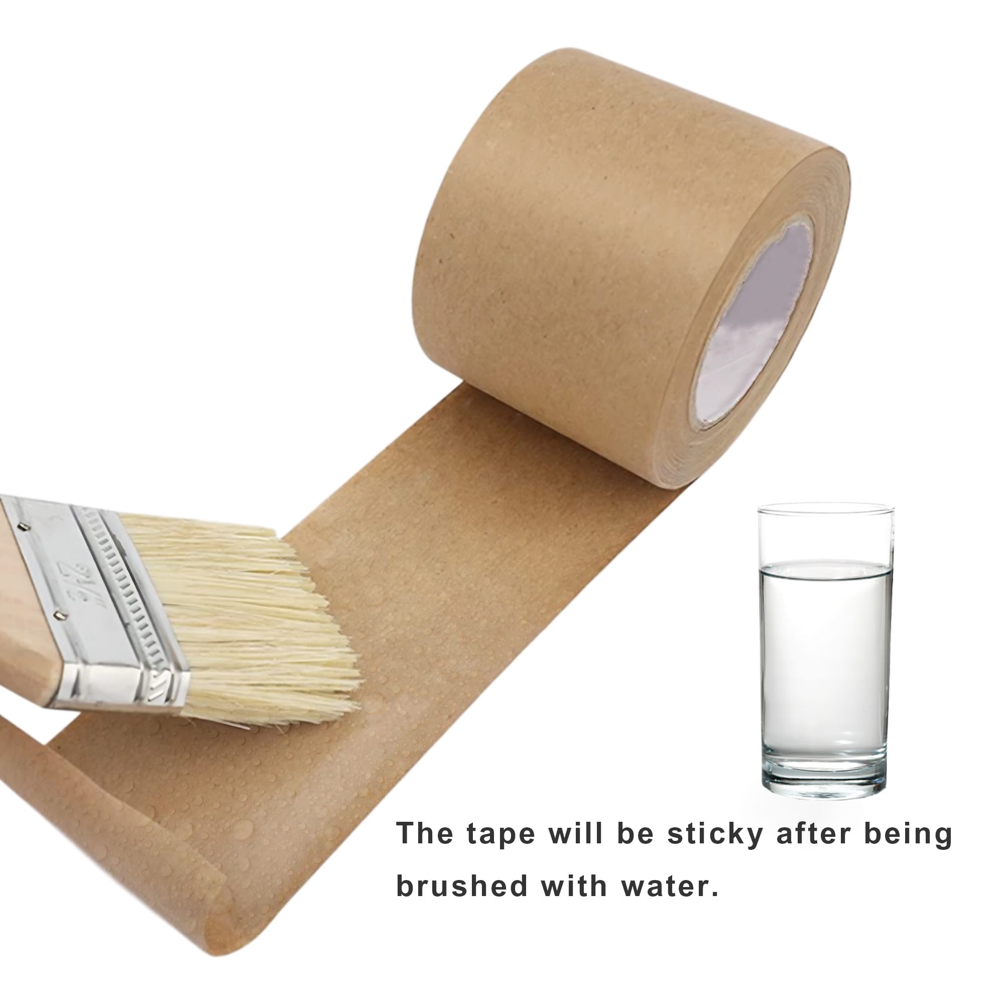 A roll of gummed kraft paper tape in brown, with a brush applying water to one end.