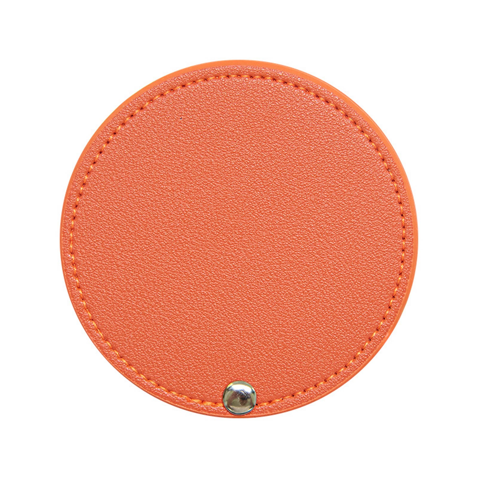 A round makeup mirror with an orange textured surface and a silver snap closure. It features a simple, sleek design.