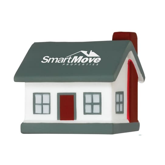 A house-shaped stress reliever in white and grey, featuring a red door and chimney, with a logo on the front.