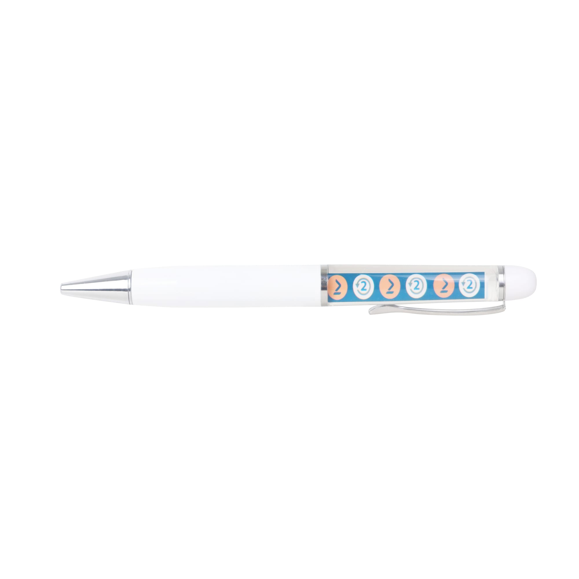 A white plastic pen with a transparent barrel featuring colourful floating elements and a silver clip.