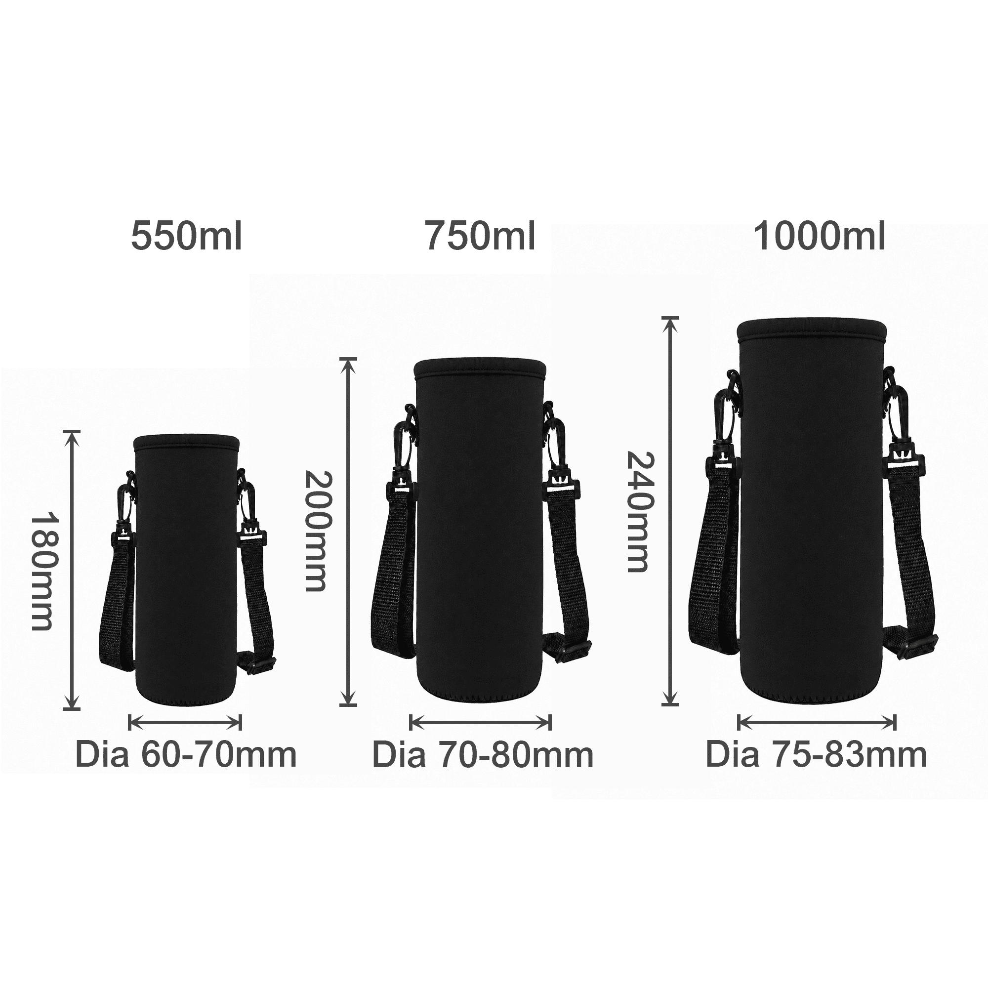 A drink bottle carrier in black, designed for various bottle sizes with adjustable straps and a logo.